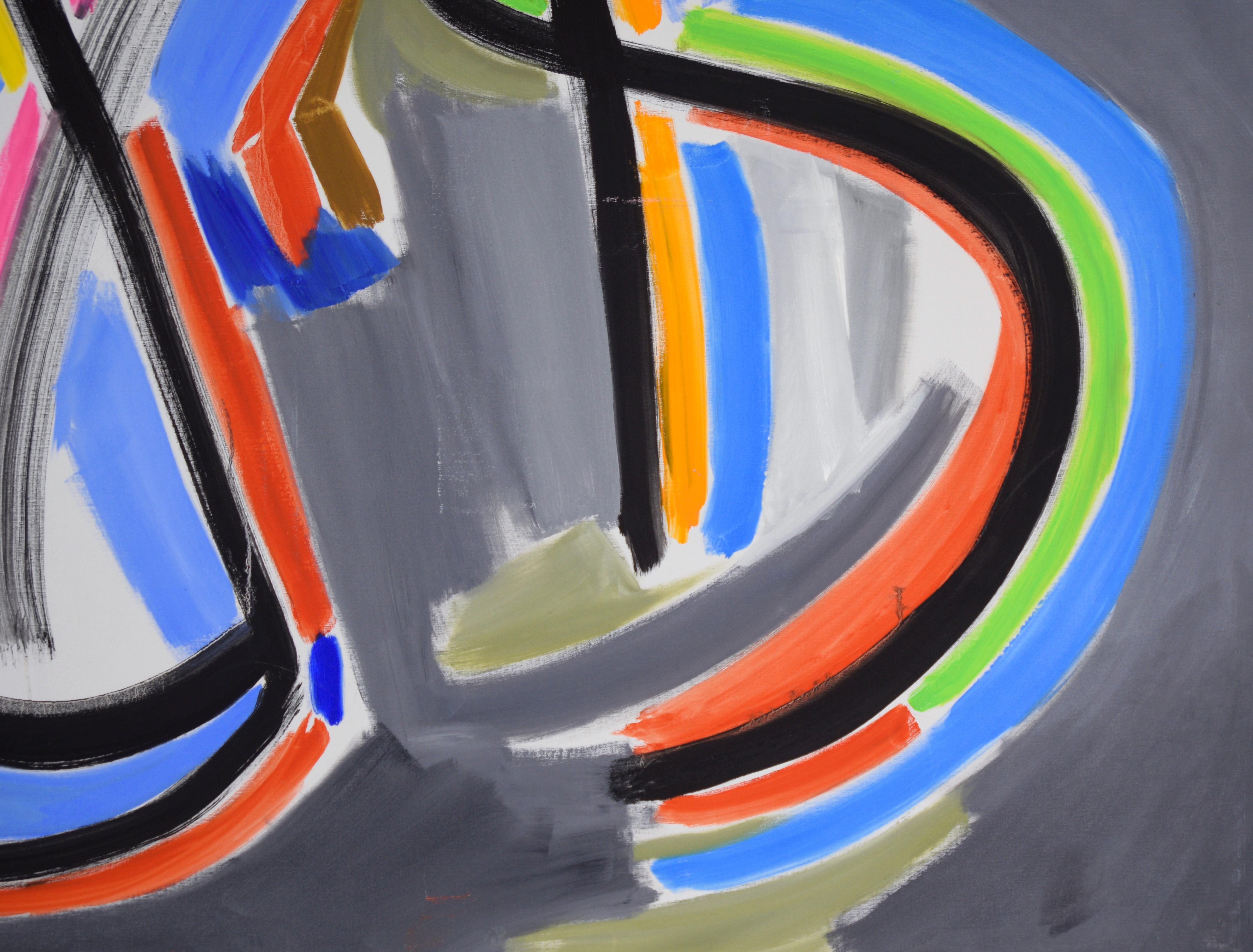 Neon Shapes - Large-Scale Abstract Composition in Acrylic on Canvas

Abstract composition by Ellis Hopkins (American, b. 1952). Bold arcs of color sweep across a smoky gray background in this energetic abstract composition. Layered strokes of black,