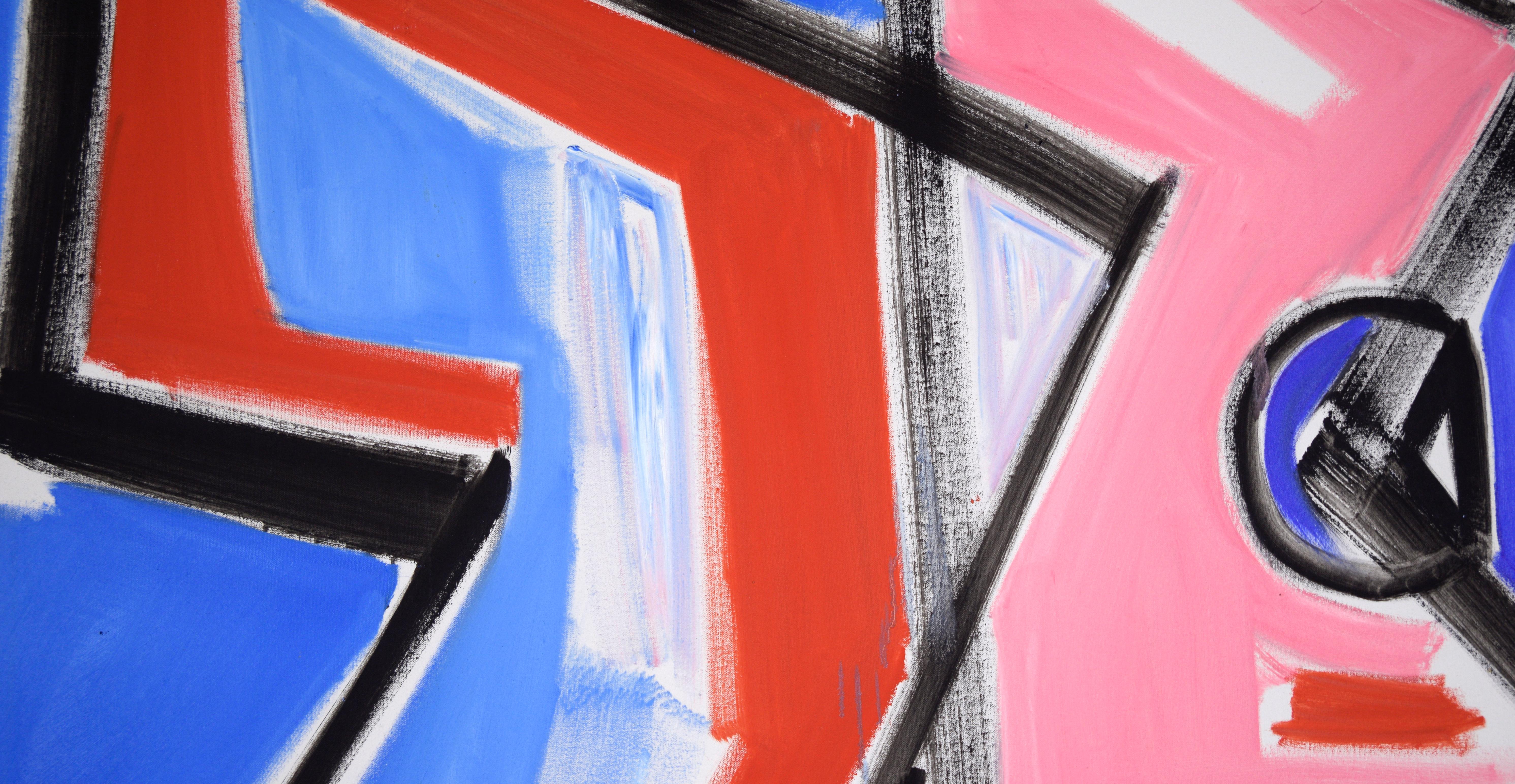 Red 7 and Pink Z - Large-Scale Abstract Composition in Acrylic on Canvas - Blue Abstract Painting by Ellis Hopkins