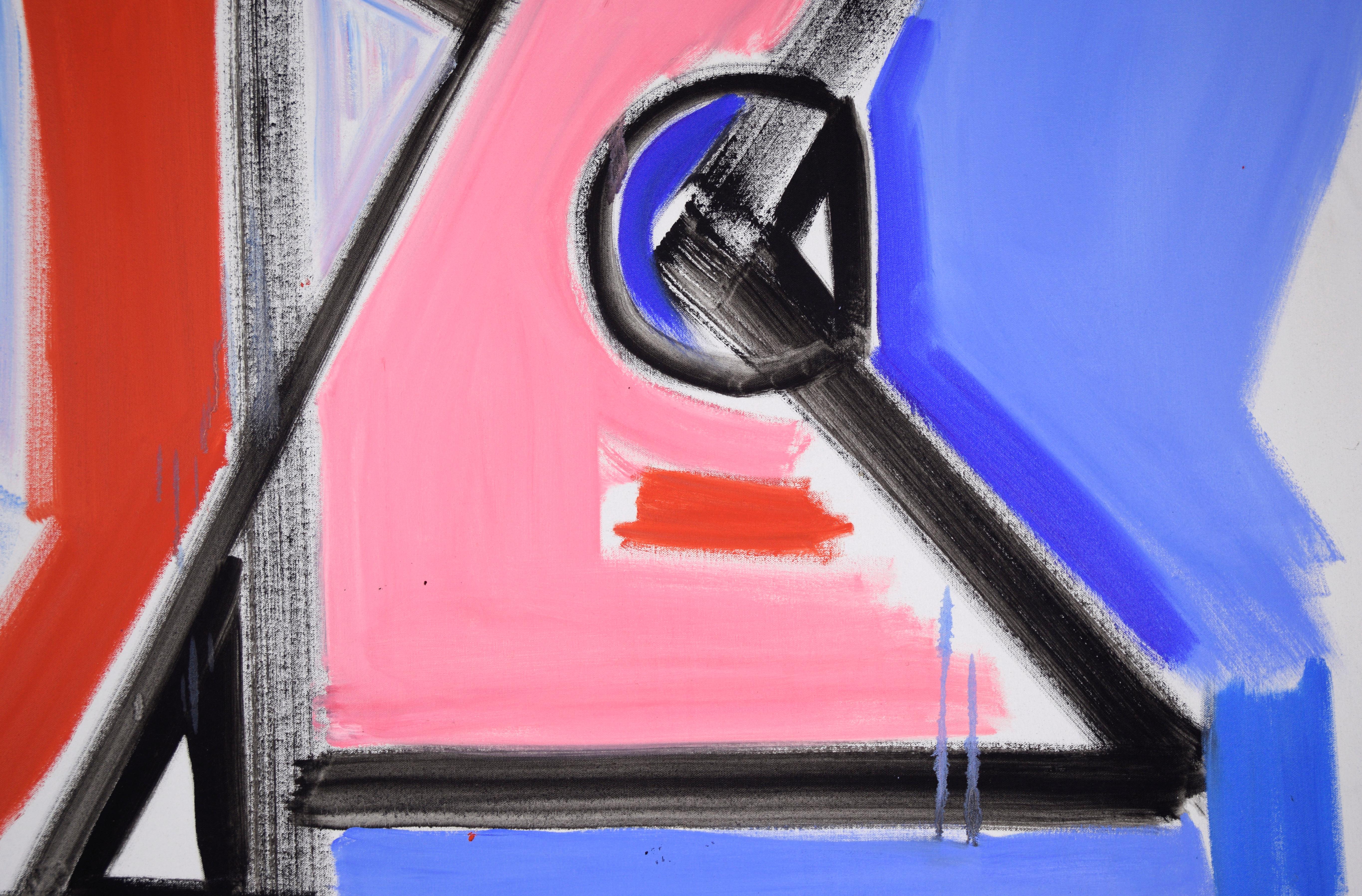 Red 7 and Pink Z - Large-Scale Abstract Composition in Acrylic on Canvas

Abstract composition by Ellis Hopkins (American, b. 1952). Angular red and pink forms appear to push against one another, bisected by dynamic black strokes that lend a sense