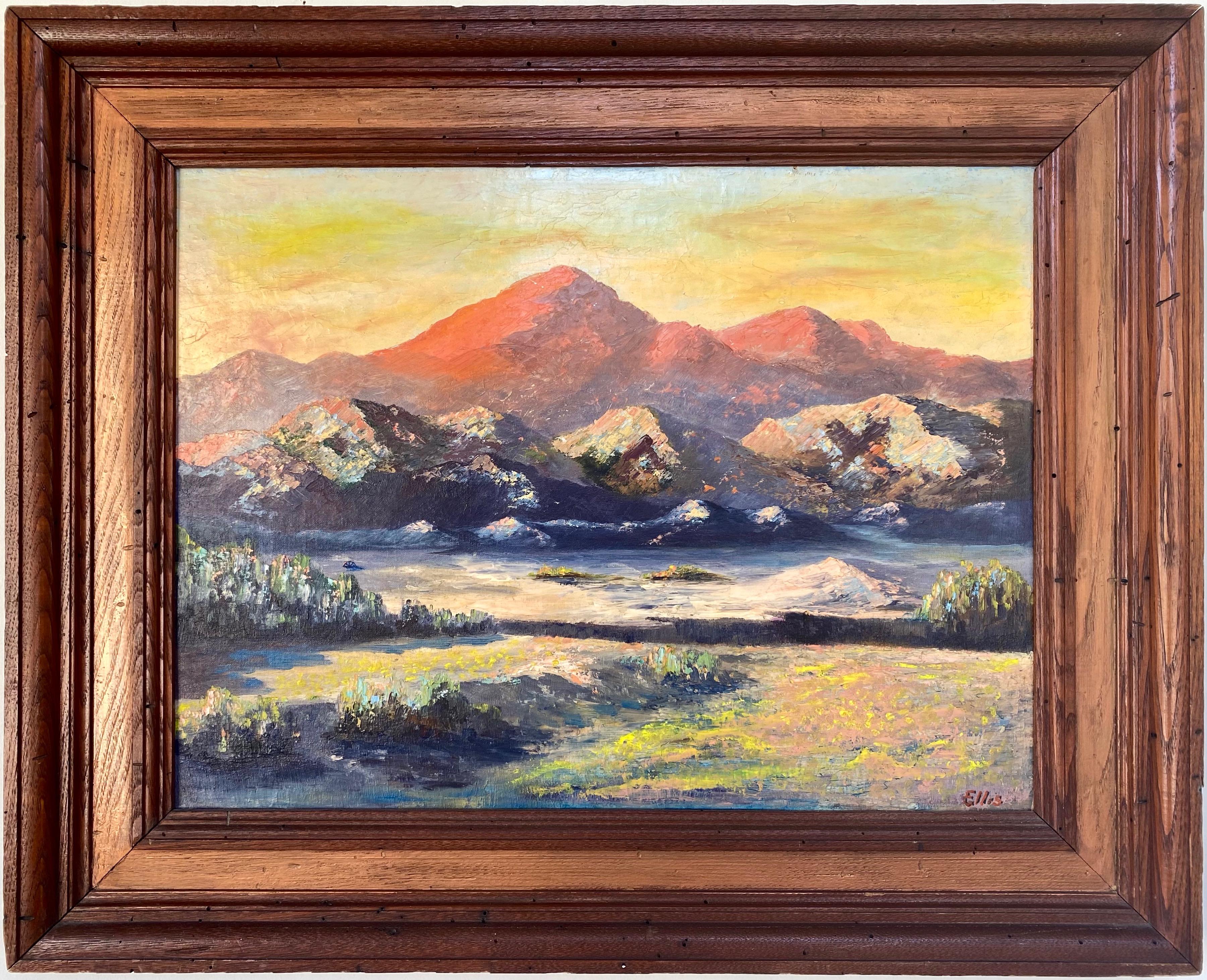 An absolutely lovely and luminous 1950s Impressionist oil painting on canvas over board of a colorful Western or Southwestern America landscape, signed “Ellis”.

Beautifully executed and evocative en plein air golden hour vista, with a scrub brush