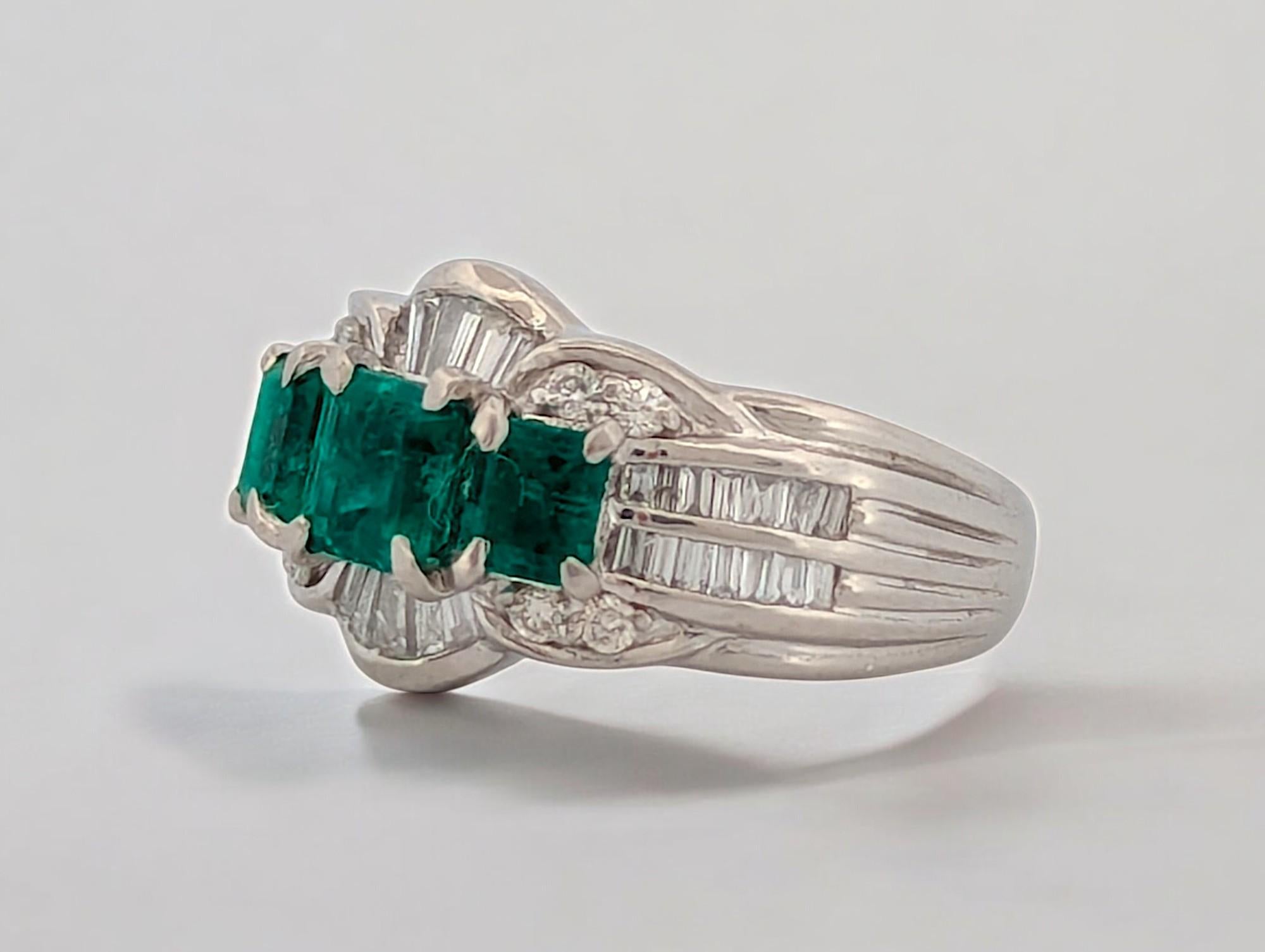 Modern Ellis Platinum Ring with 1.12ct Emerald and 0.50ct Diamond, Size 8.25 Ring