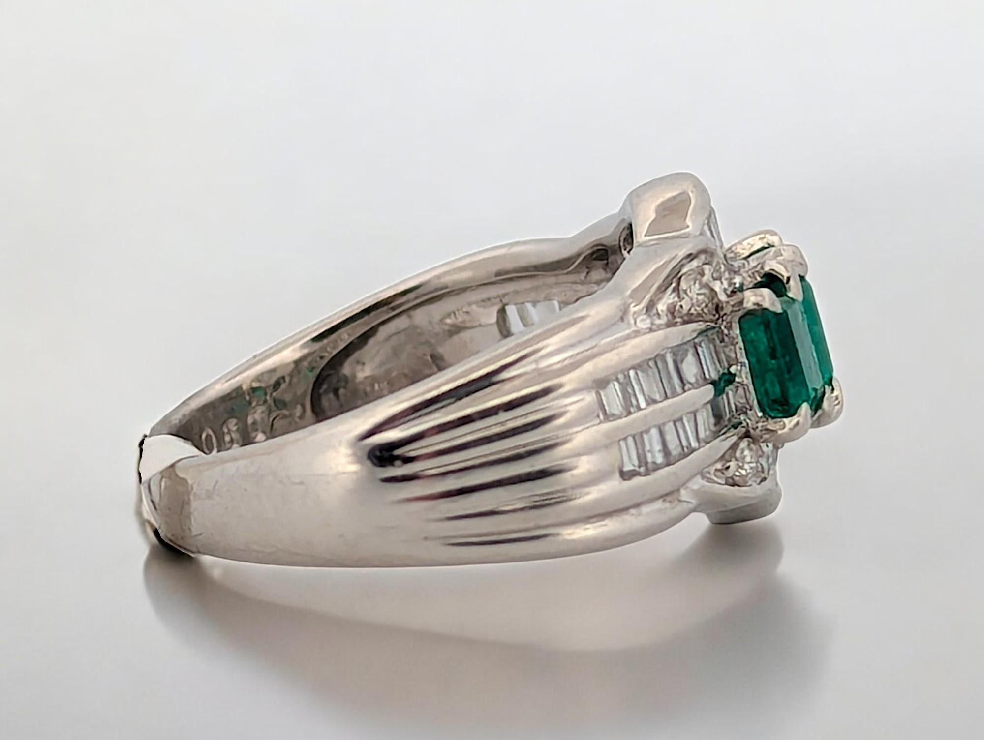 Square Cut Ellis Platinum Ring with 1.12ct Emerald and 0.50ct Diamond, Size 8.25 Ring