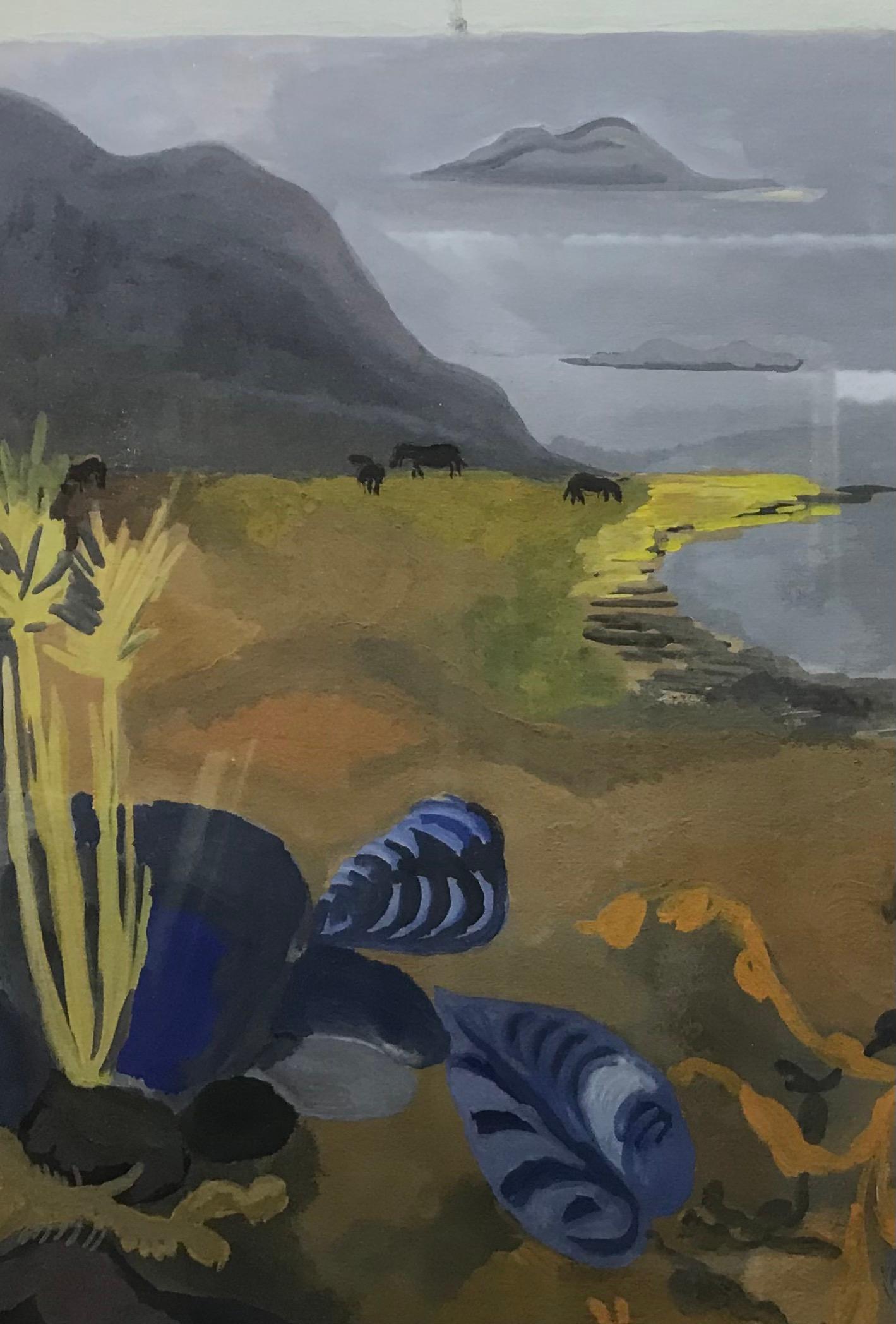 Lively seaside by Ellis Holy-Björset - Watercolor - Black Landscape Painting by Ellisif HOLY-BJÖRSET