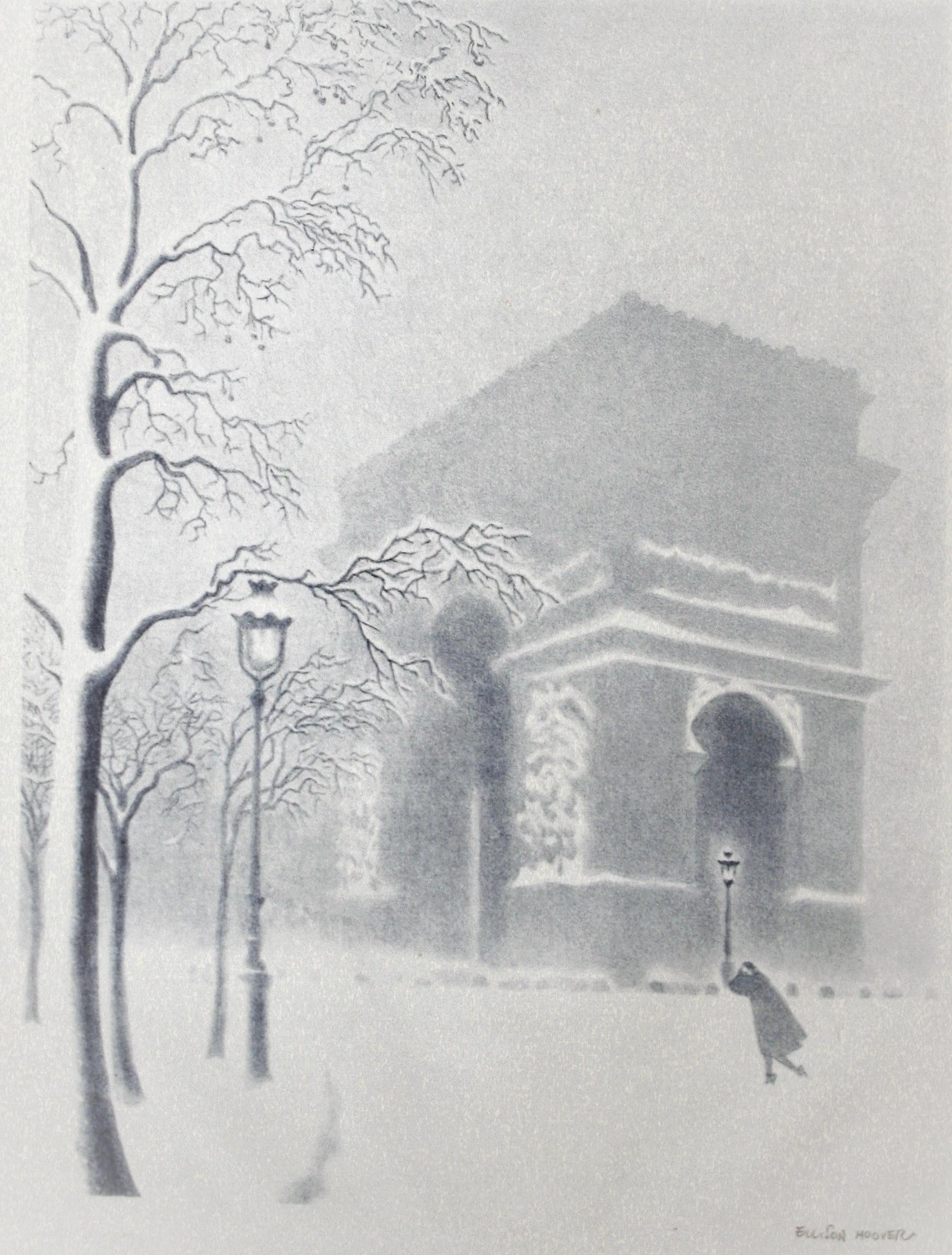 Arc de Triomphe im Schnee (Napoleons Triumphbogen) (Amerikanische Moderne), Print, von Ellison Hoover