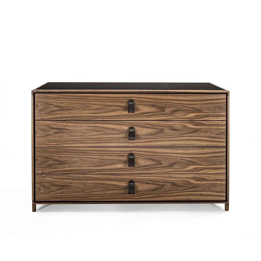 Chest of drawers ellite with structure in solid walnut wood,
with 4 drawers with dark brown genuine leather handles.
With lacquered aged bronze iron feet base.
Also available with solid oakwood structure.