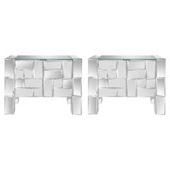 Ello Attributed Pair of 2 Door Bedside Tables in Tessellated Beveled Mirror 1970