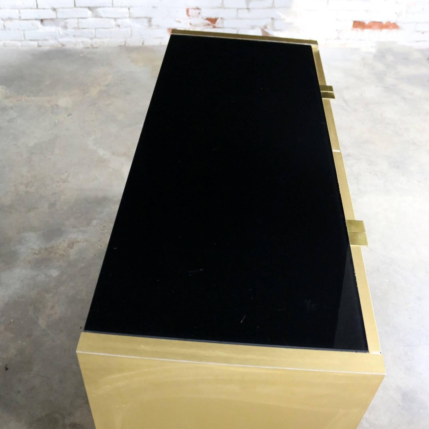 Ello Black Glass and Gold Anodized Aluminum Small Server Credenza Cabinet In Good Condition For Sale In Topeka, KS
