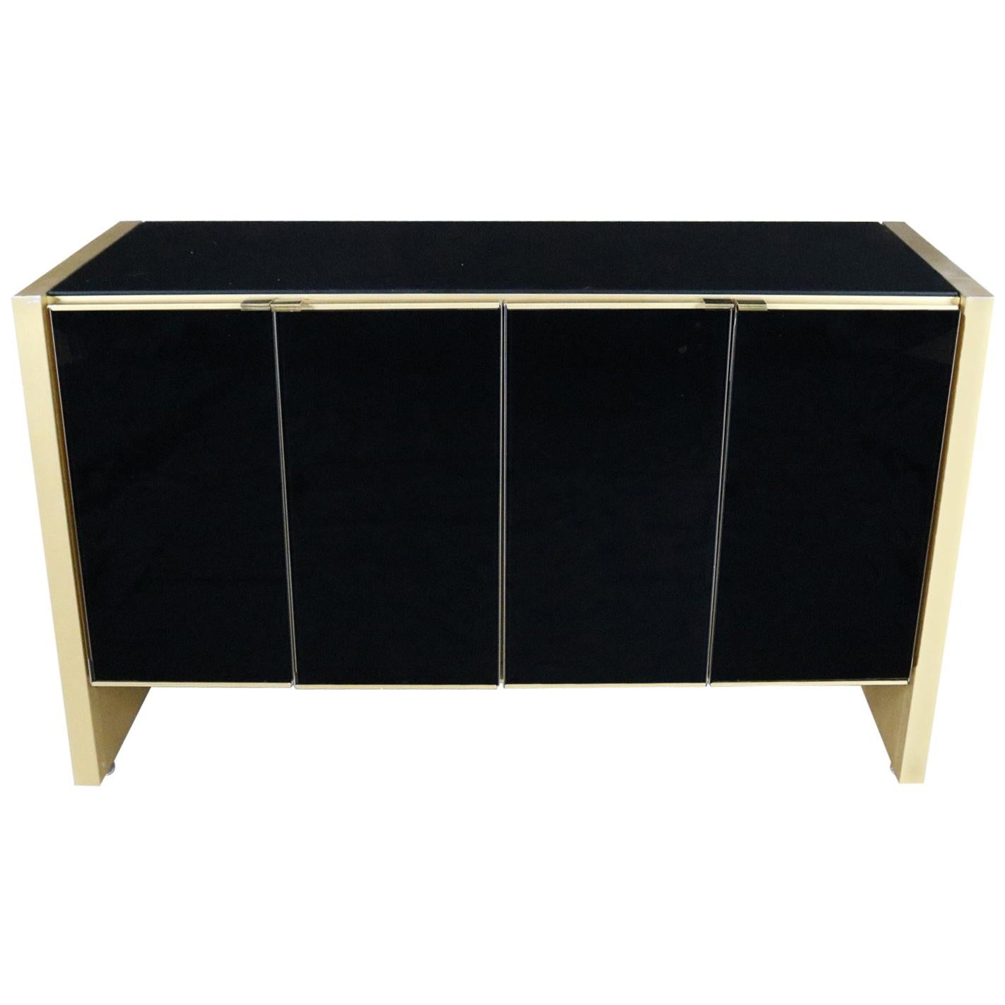 Ello Black Glass and Gold Anodized Aluminum Small Server Credenza Cabinet For Sale