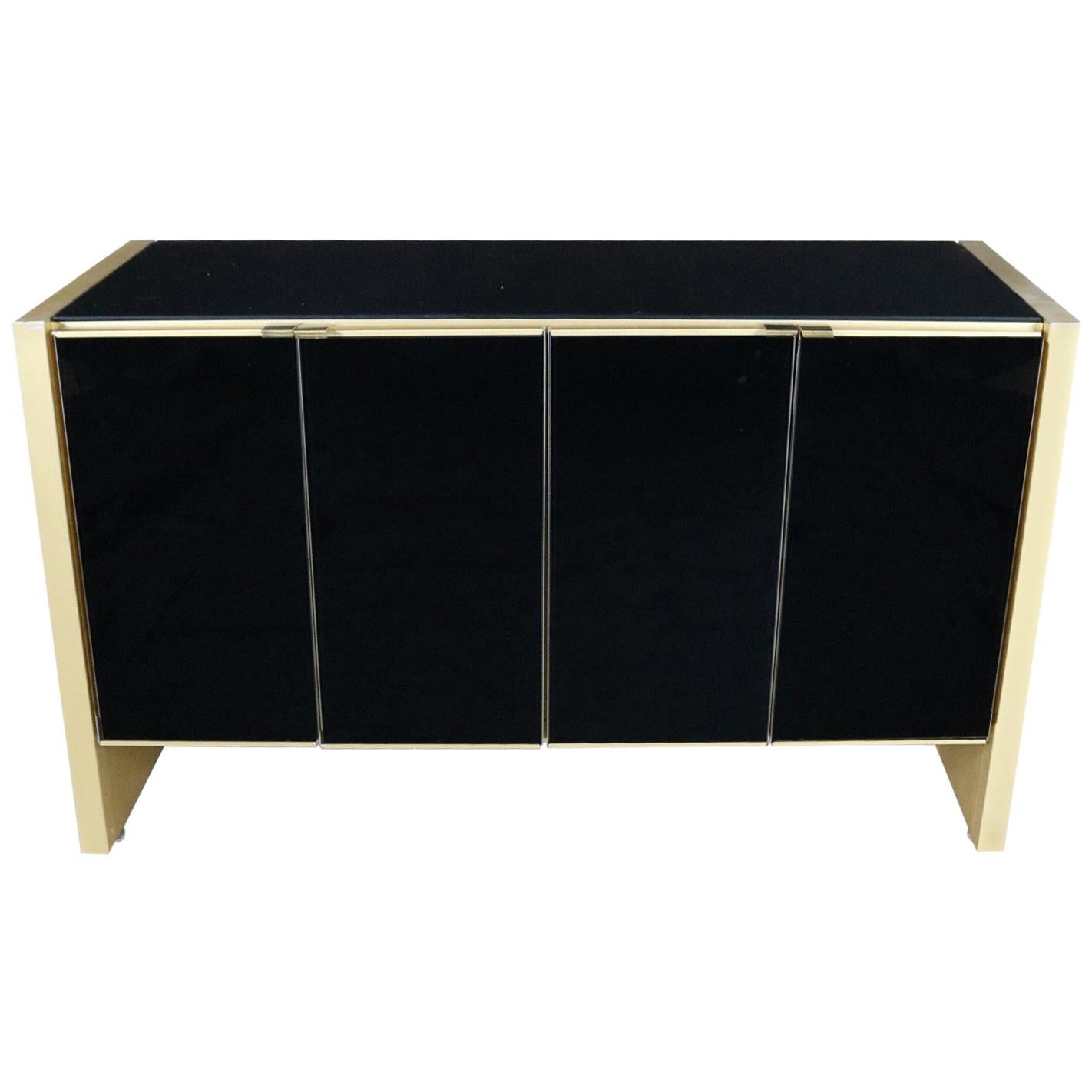 Ello Black Glass and Gold Anodized Aluminum Small Server Credenza Cabinet