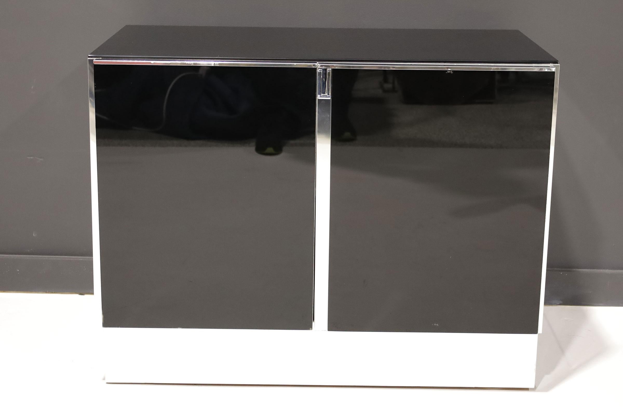 American Ello Black Glass Top Sideboard/Cabinet with Chrome Trim For Sale