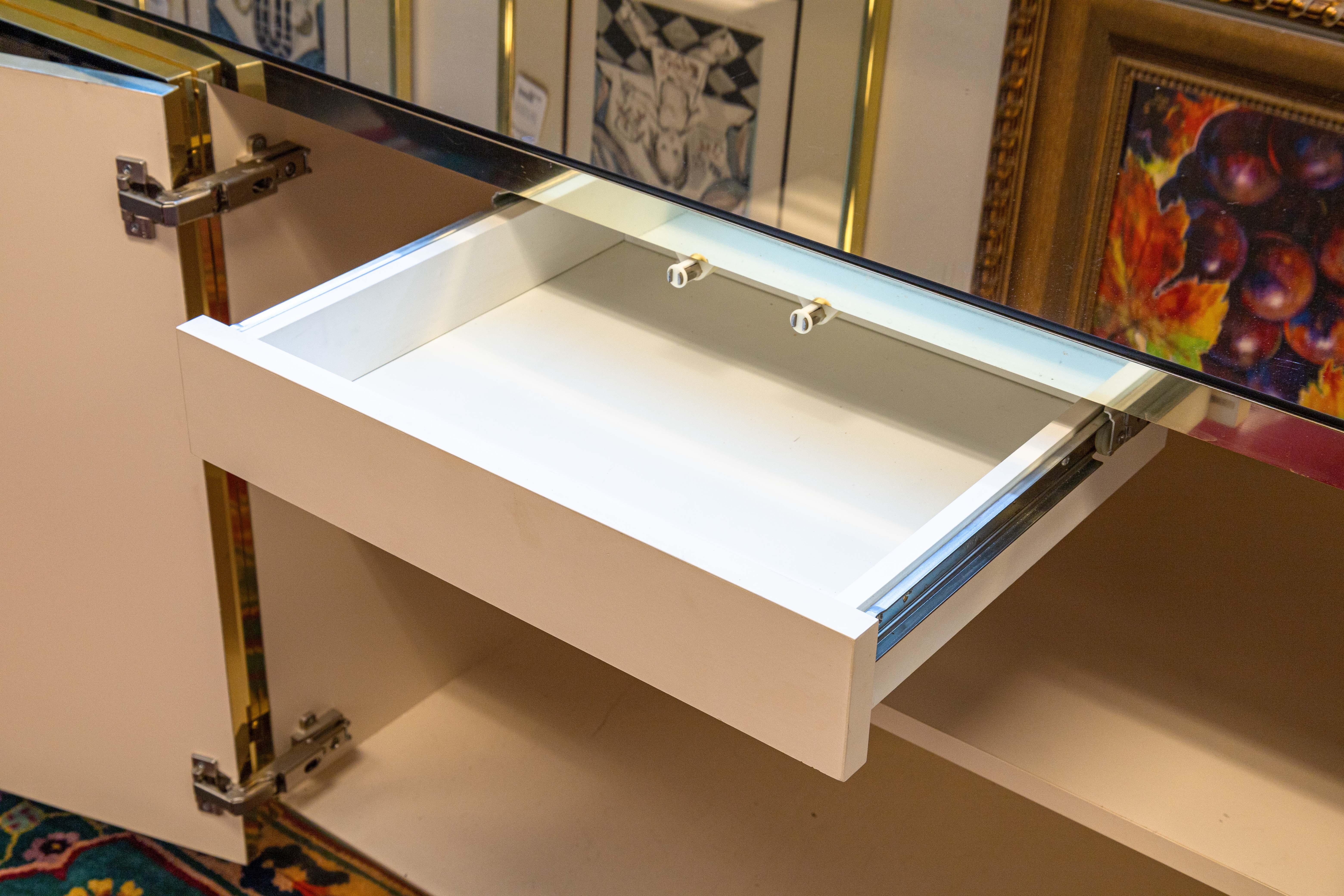 Metal Ello Brass and Beveled Mirrors 4 Door Hollywood Regency Credenza Sideboard