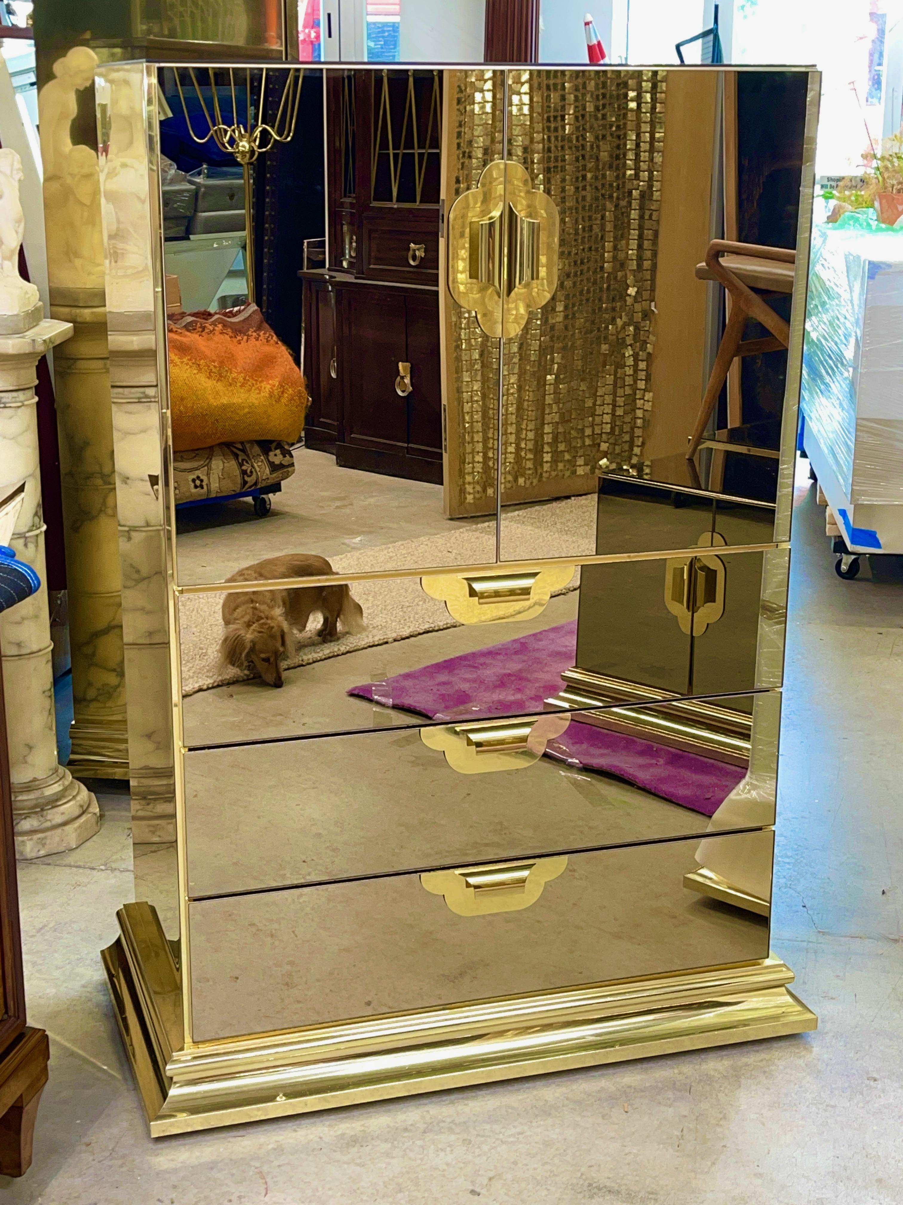 Hollywood Regency Ello Brass & Bronzed Mirror Tall Boy (X2) For Sale