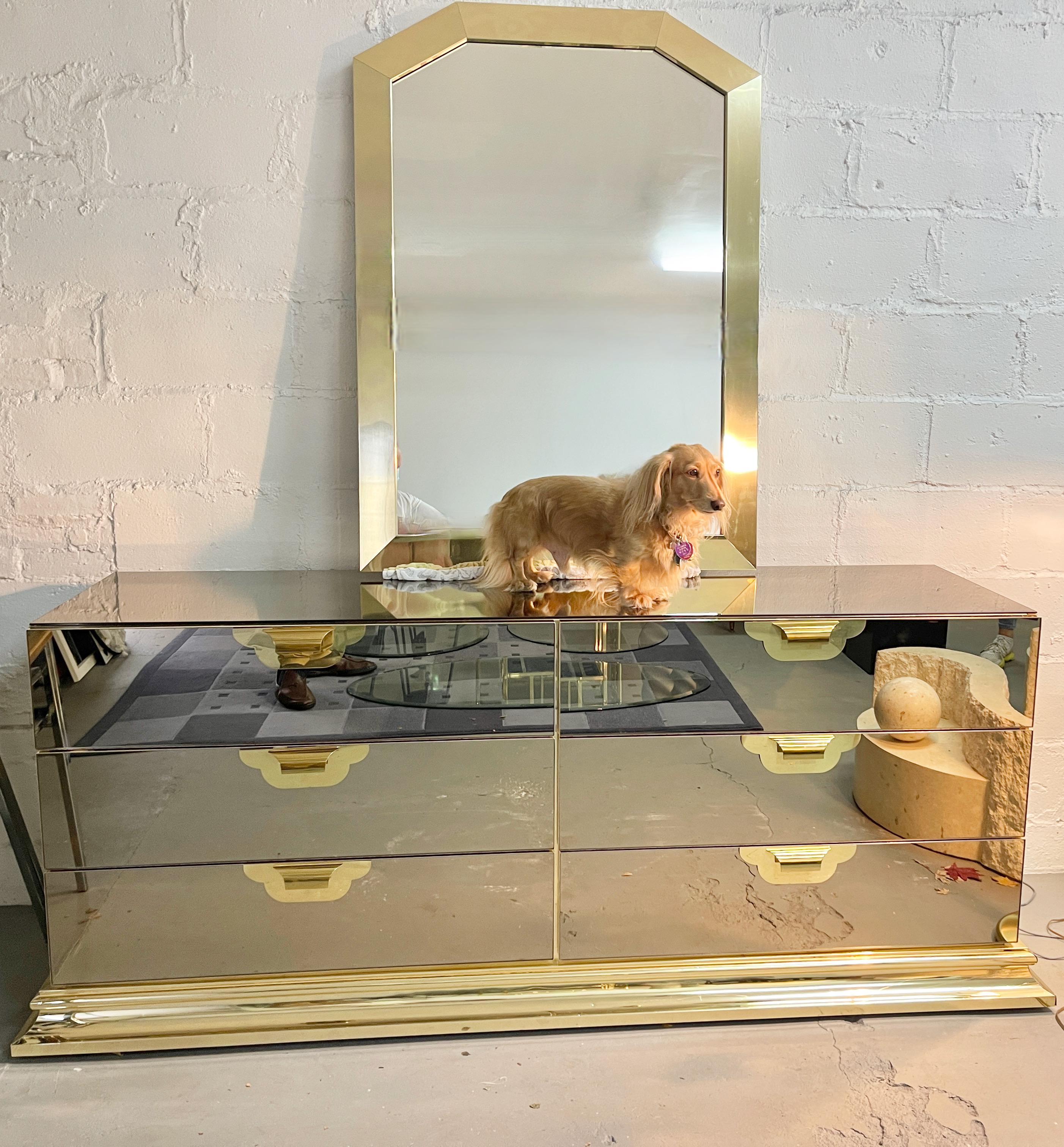 Hollywood Regency Ello Brass Framed Wall Mirror For Sale