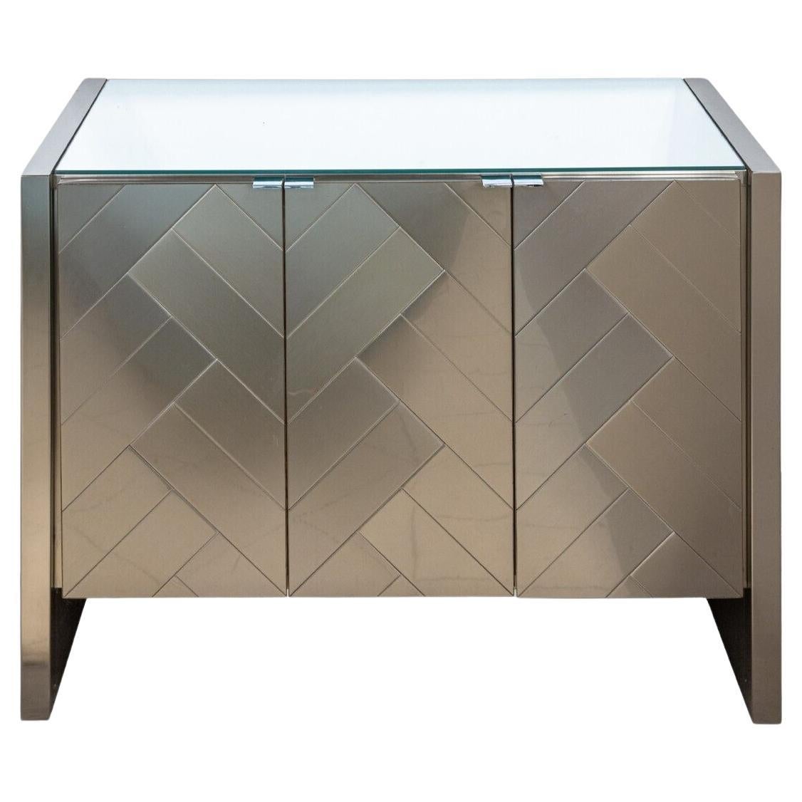 Ello Contemporary Modern Brushed Metal Chrome and Glass Small Chevron Credenzas