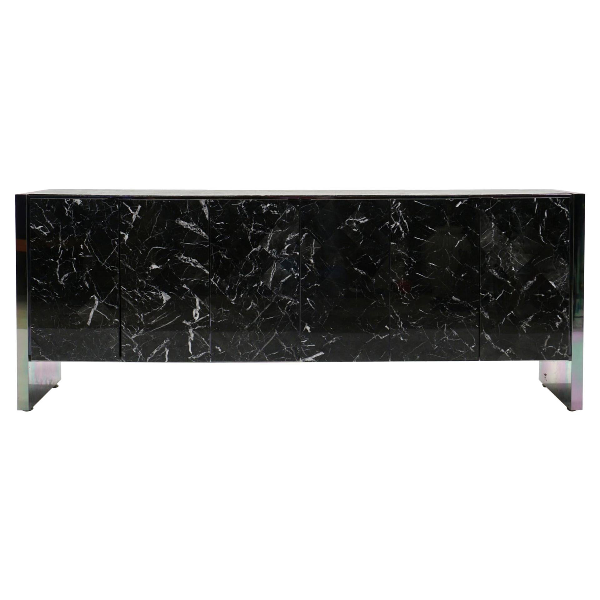 Ello Credenza in Black and White Tessellated Marble, Chrome Sides For Sale