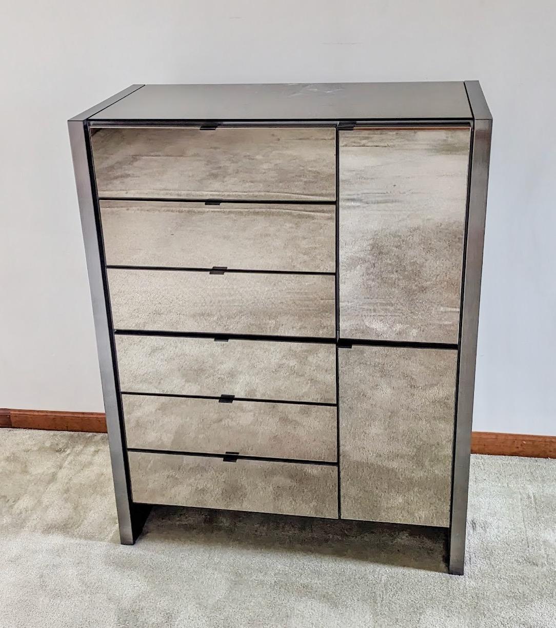 Ello Credenza in Gunmetal Stainless & Smoked Mirror with Pair Wall Mirrors For Sale 7