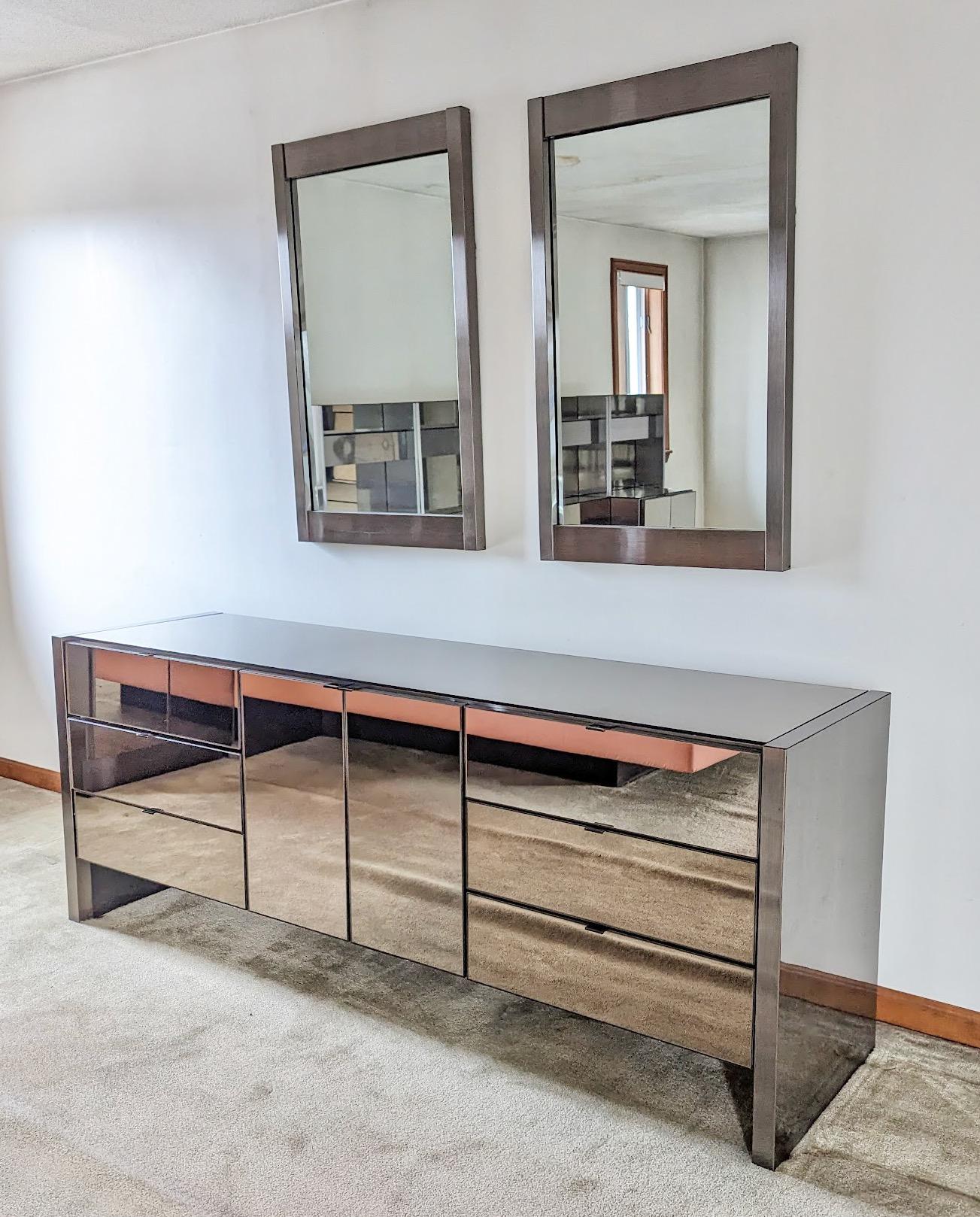 Hollywood Regency Ello Credenza in Gunmetal Stainless & Smoked Mirror with Pair Wall Mirrors For Sale