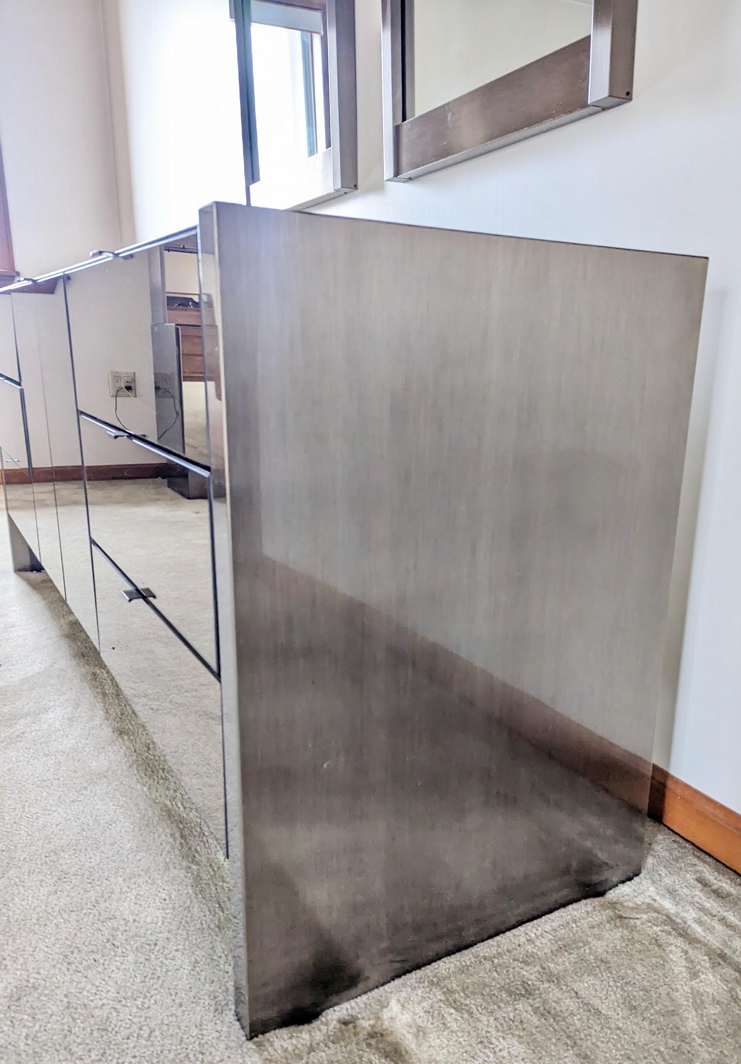 American Ello Credenza in Gunmetal Stainless & Smoked Mirror with Pair Wall Mirrors For Sale