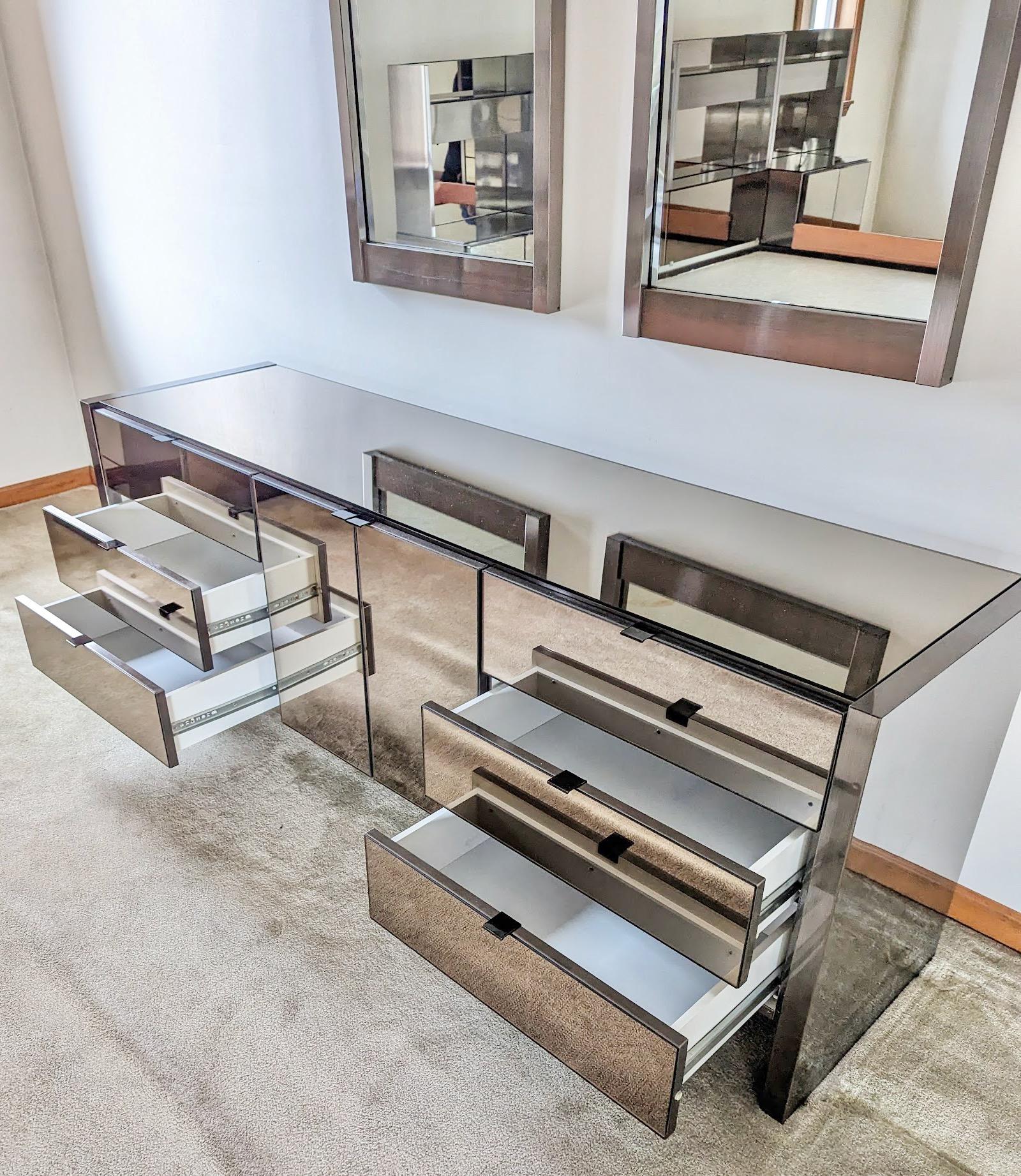 Late 20th Century Ello Credenza in Gunmetal Stainless & Smoked Mirror with Pair Wall Mirrors For Sale