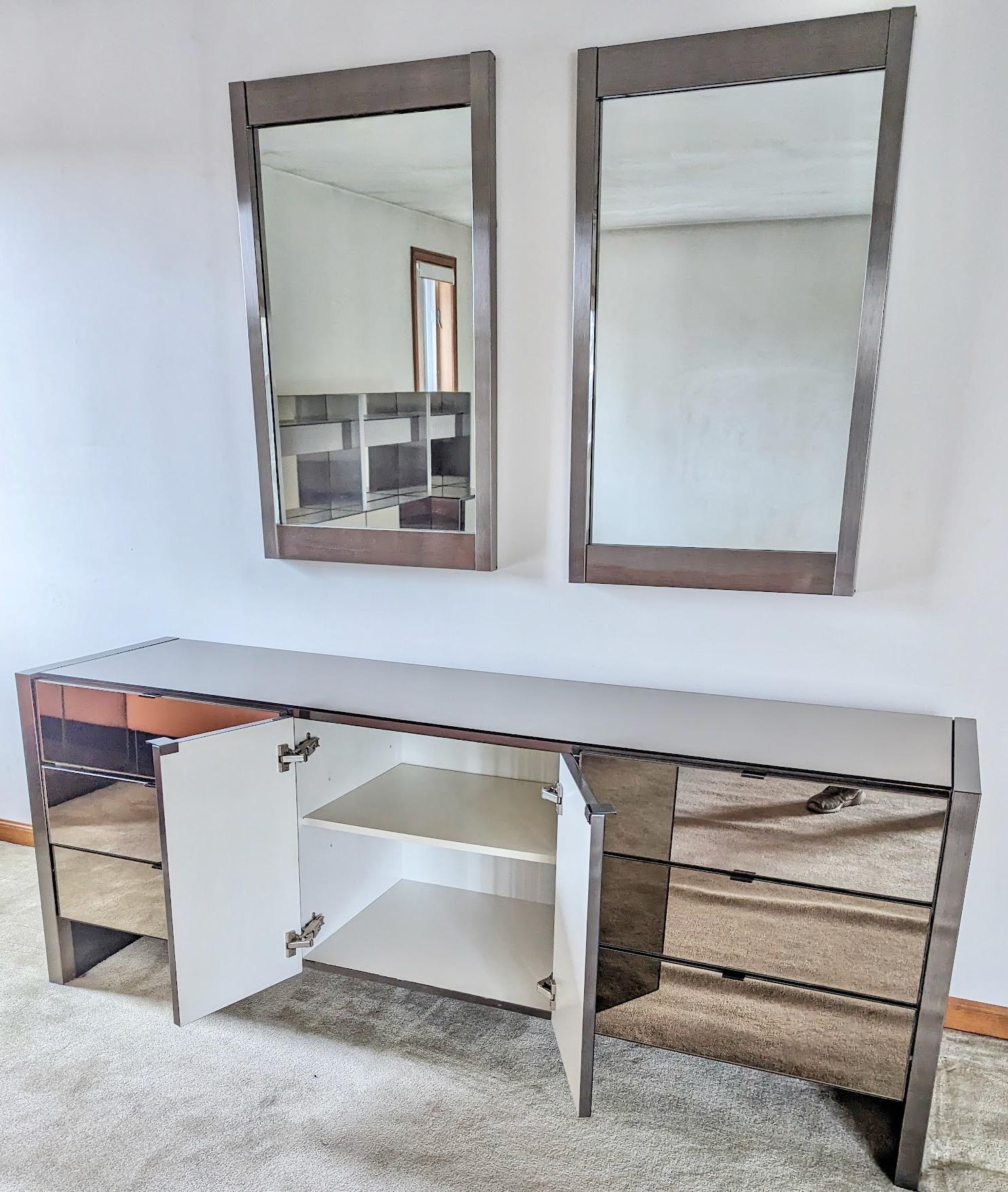 Stainless Steel Ello Credenza in Gunmetal Stainless & Smoked Mirror with Pair Wall Mirrors For Sale