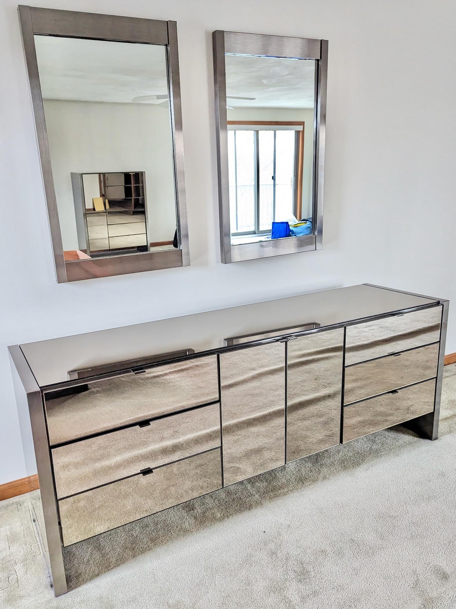 Ello Credenza in Gunmetal Stainless & Smoked Mirror with Pair Wall Mirrors For Sale 1
