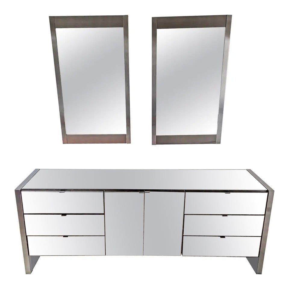 Ello Credenza in Gunmetal Stainless & Smoked Mirror with Pair Wall Mirrors