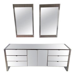 Credenza Ello in acciaio inox canna di fucile e specchio fumé con coppia di specchi a parete