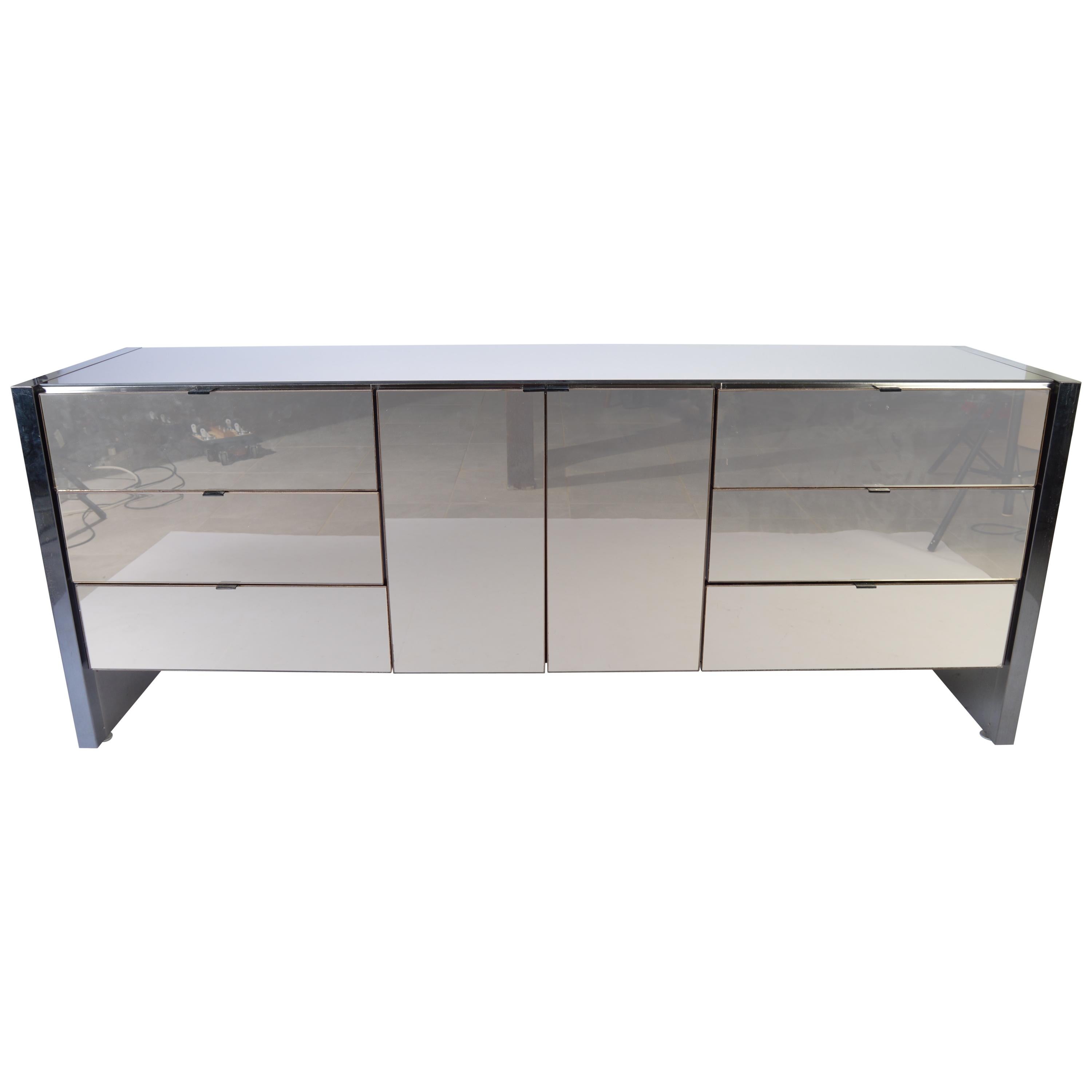 Ello Furniture Smoked Mirror and Chromed Steel Credenza