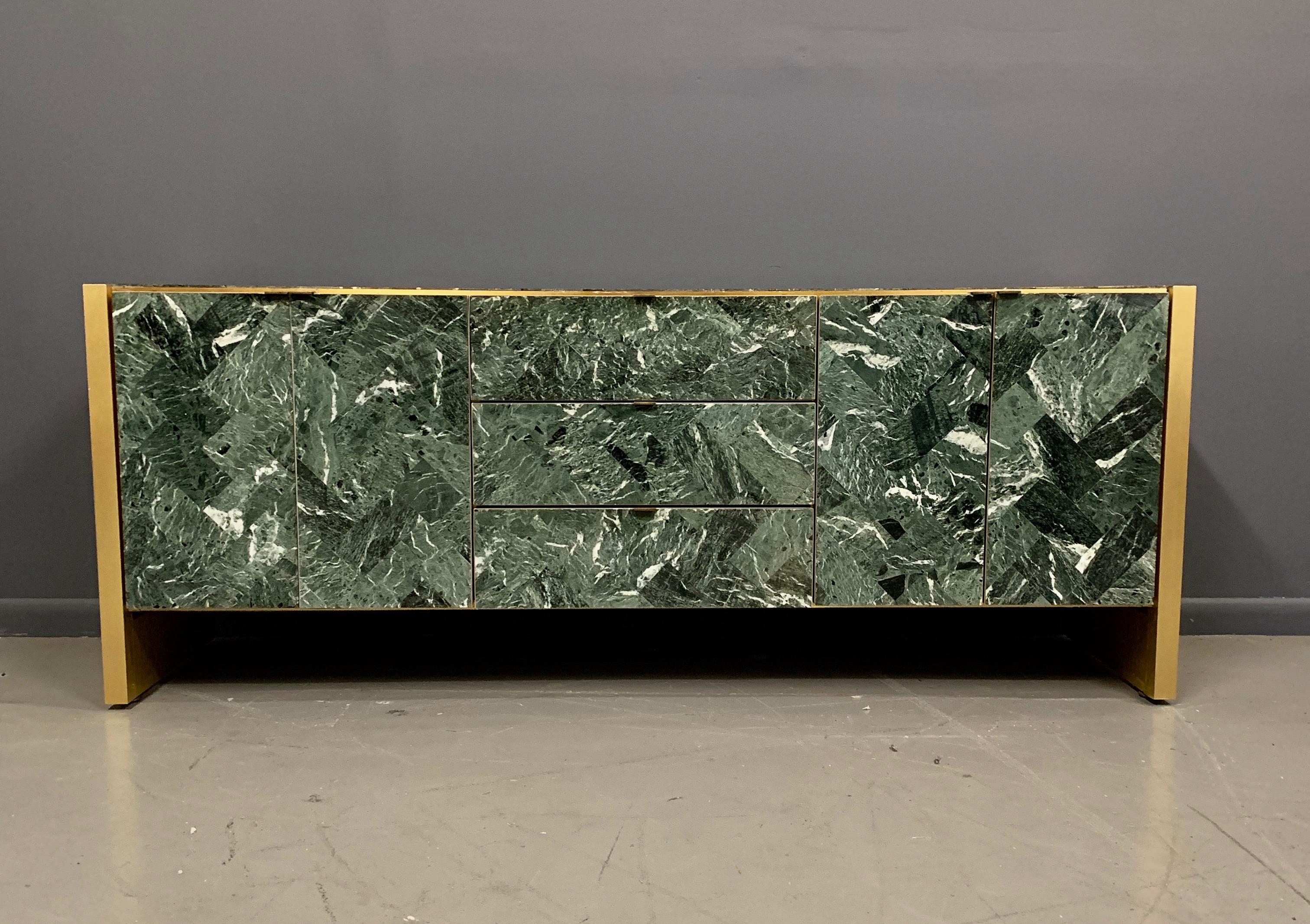 Beautiful green marble pattern is complimented with brushed brass trim and side panels. Built in the way only Ello did in the 1970s and 1980s.

Ello was making these pieces at the same time some of our favorite designers were working, such as: Milo