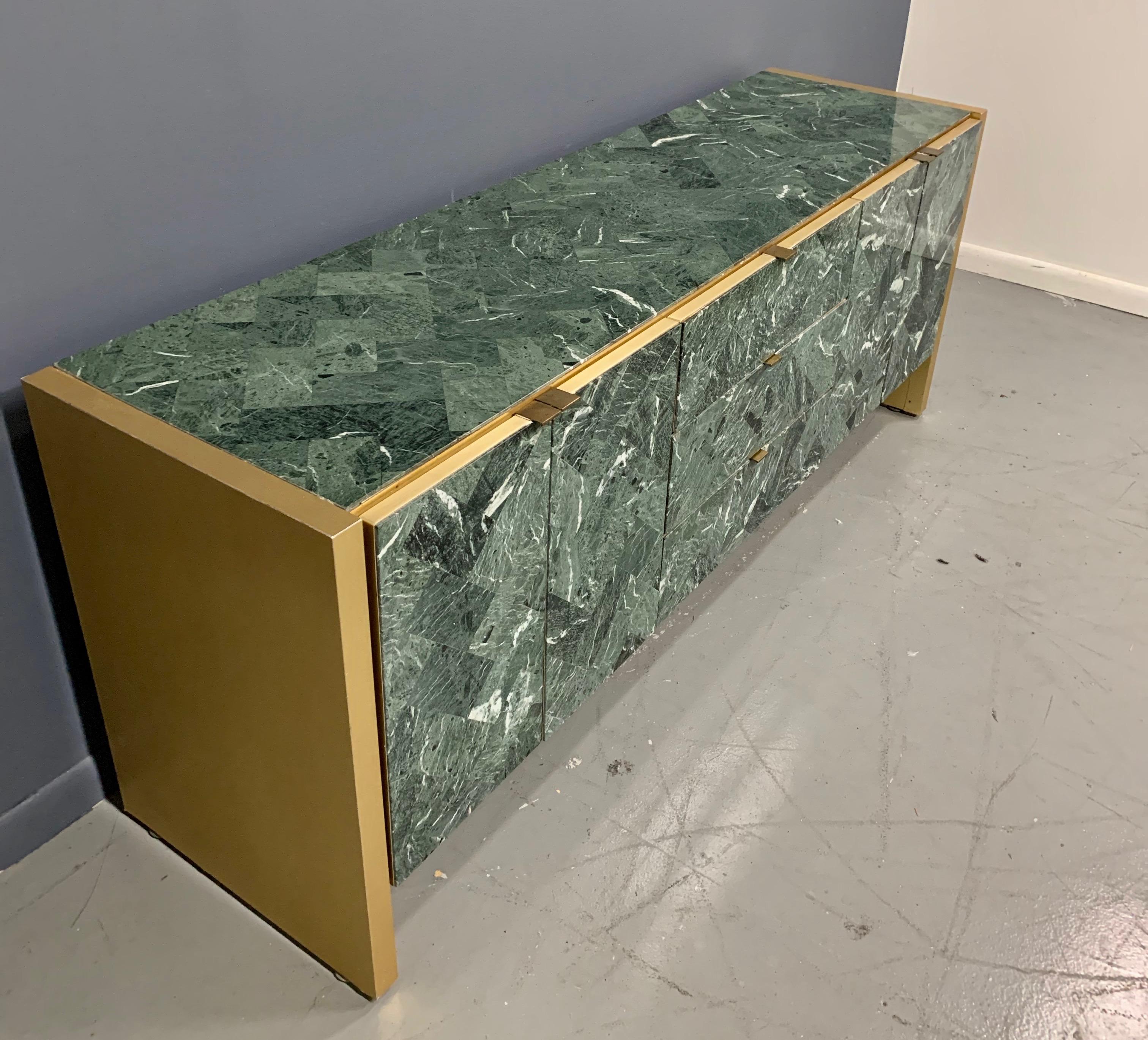 Mid-Century Modern Ello Green Tessellated Marble and Brushed Brass Credenza