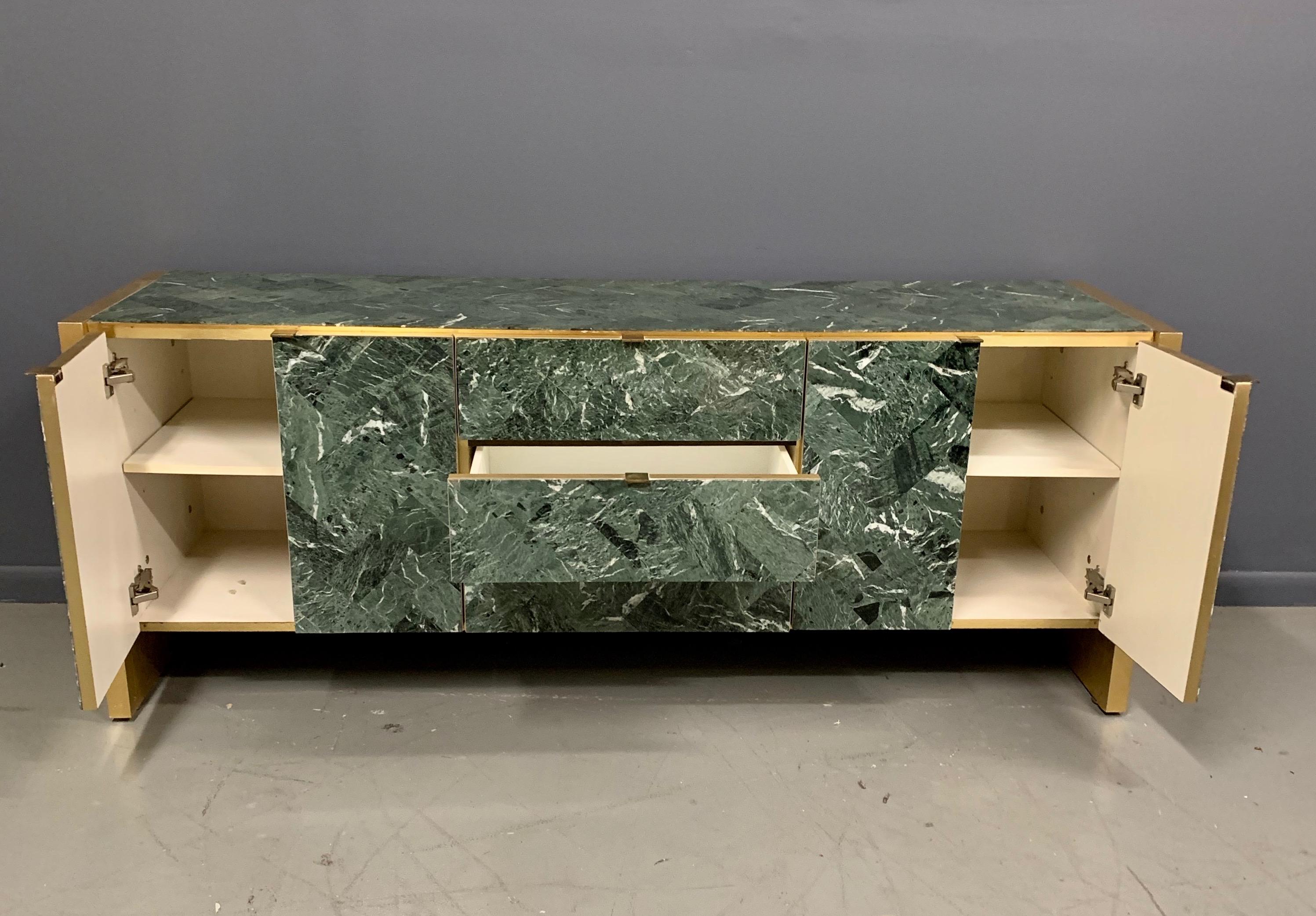North American Ello Green Tessellated Marble and Brushed Brass Credenza