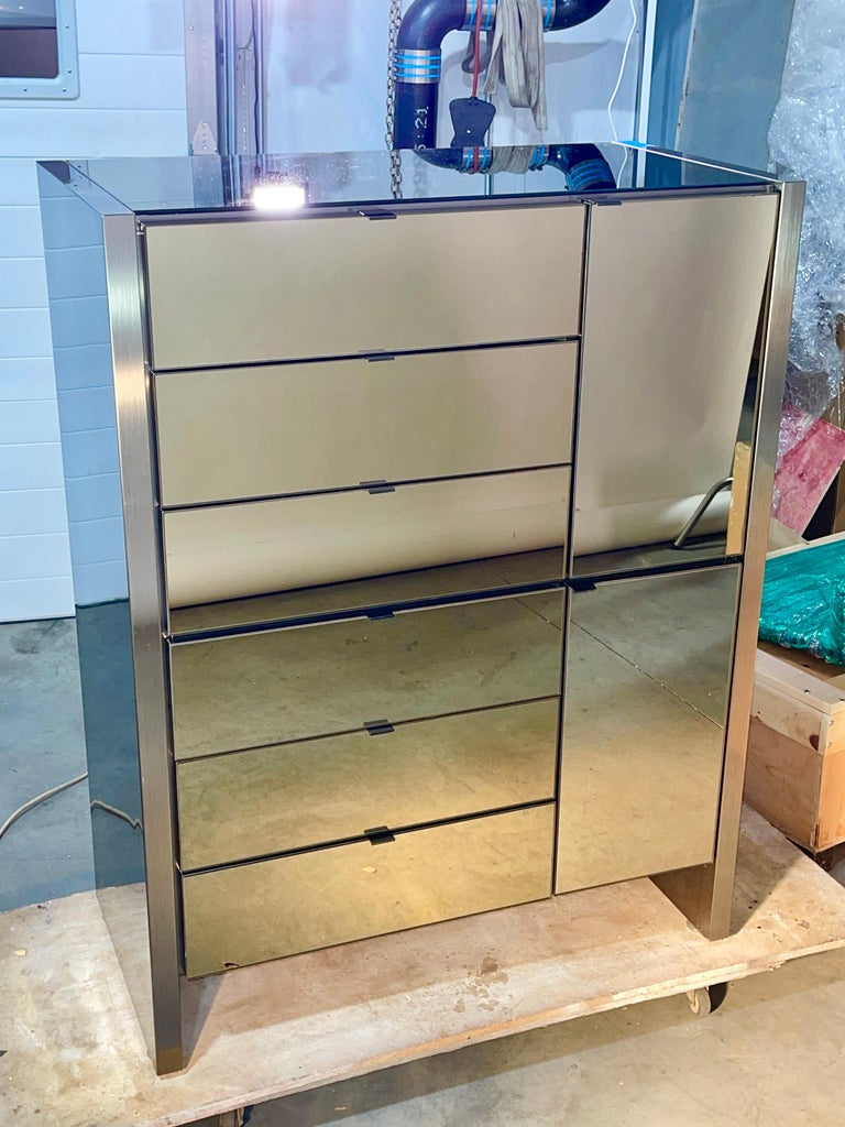 Ello Gunmetal Stainless and Smoked Mirror Tall Boy Dresser For Sale at