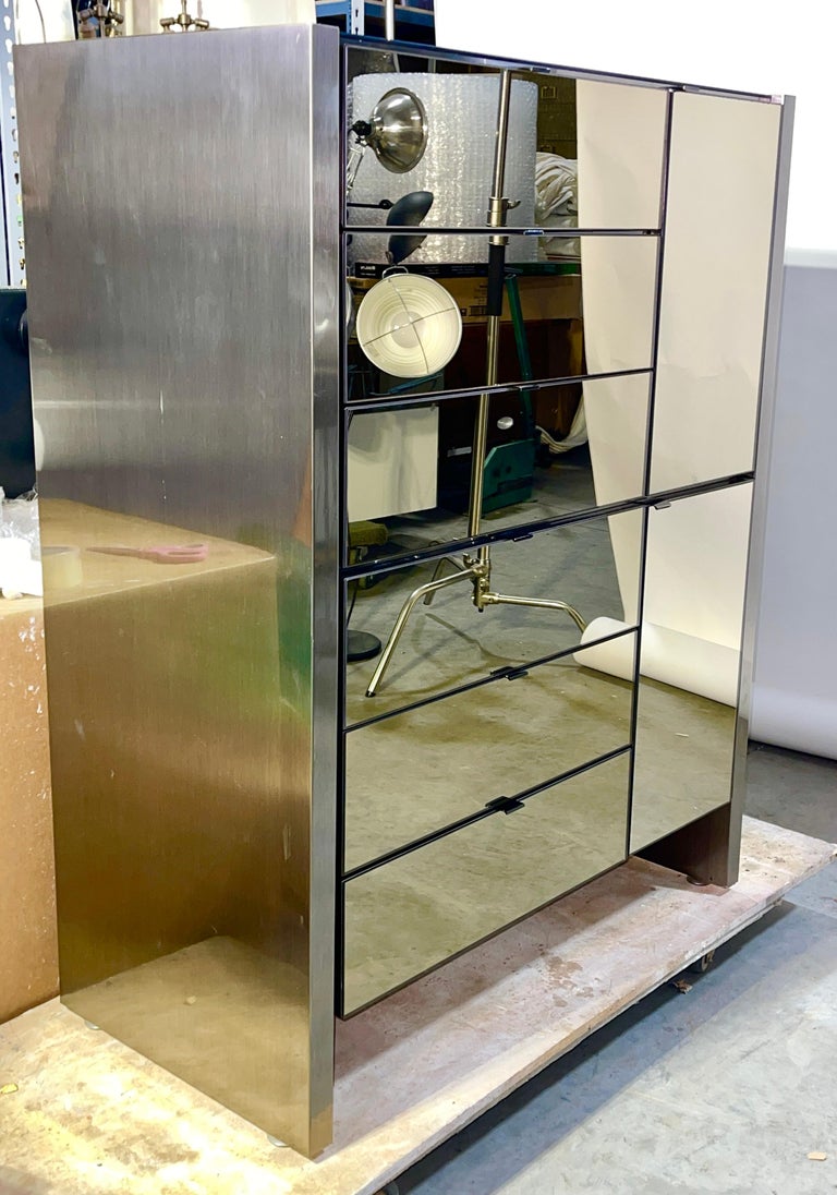 Ello Gunmetal Stainless and Smoked Mirror Tall Boy Dresser For Sale at