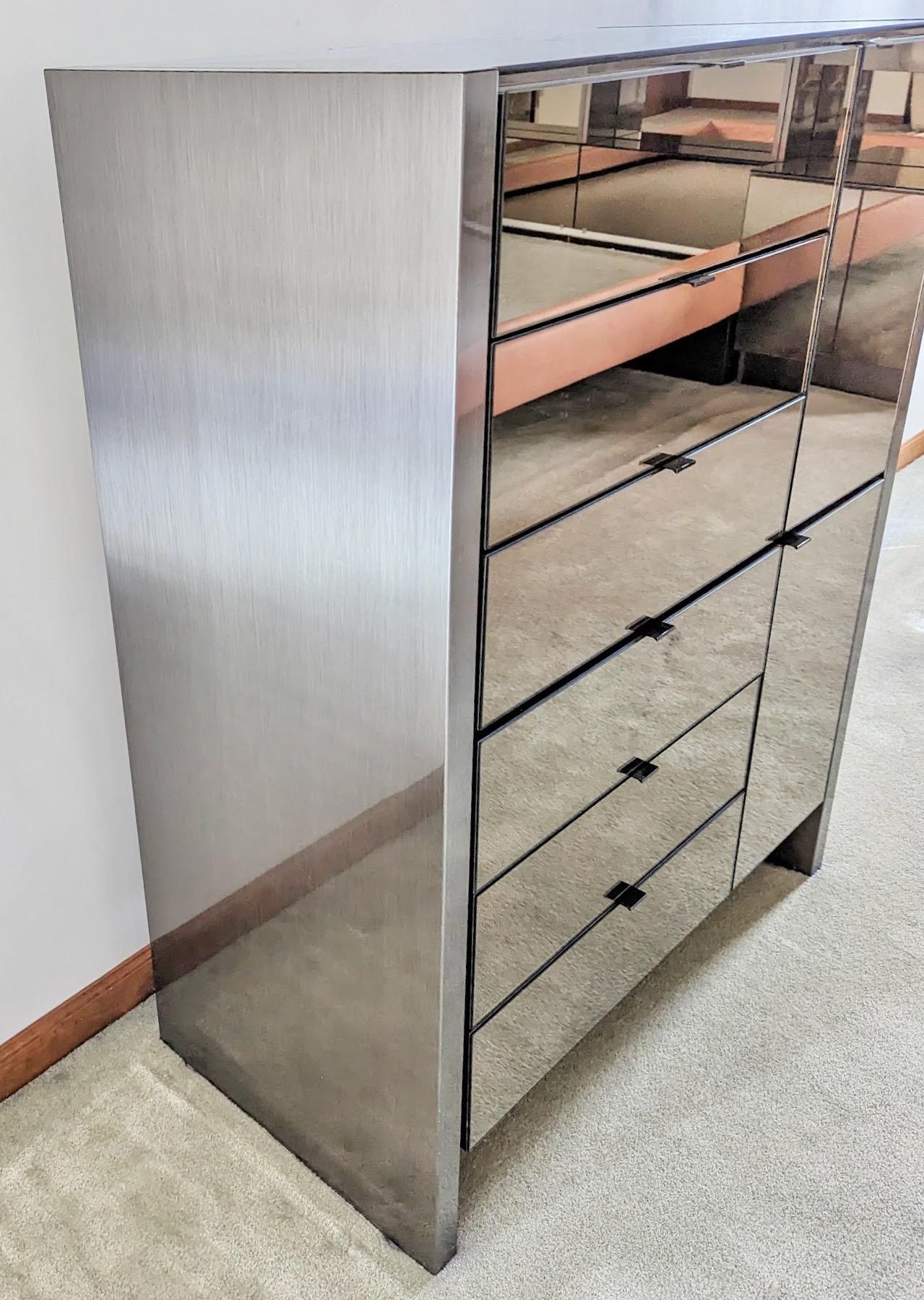 Ello Gunmetal Stainless & Smoked Mirror Tall Boy Dresser In Good Condition For Sale In Hanover, MA