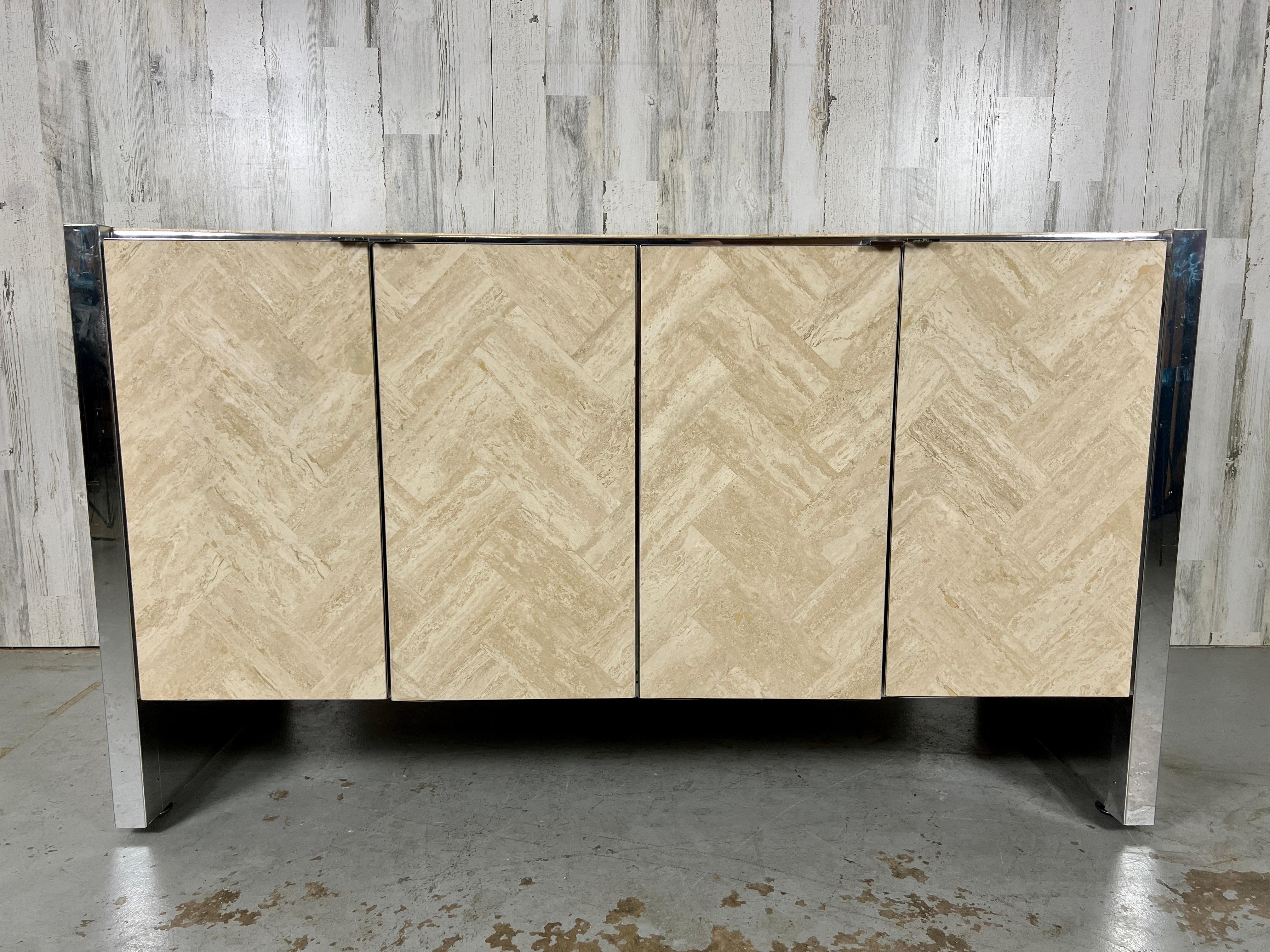 Ello Petite Herringbone design Travertine & Chrome Credenza. dual interior cabinets with adjustable shelf.