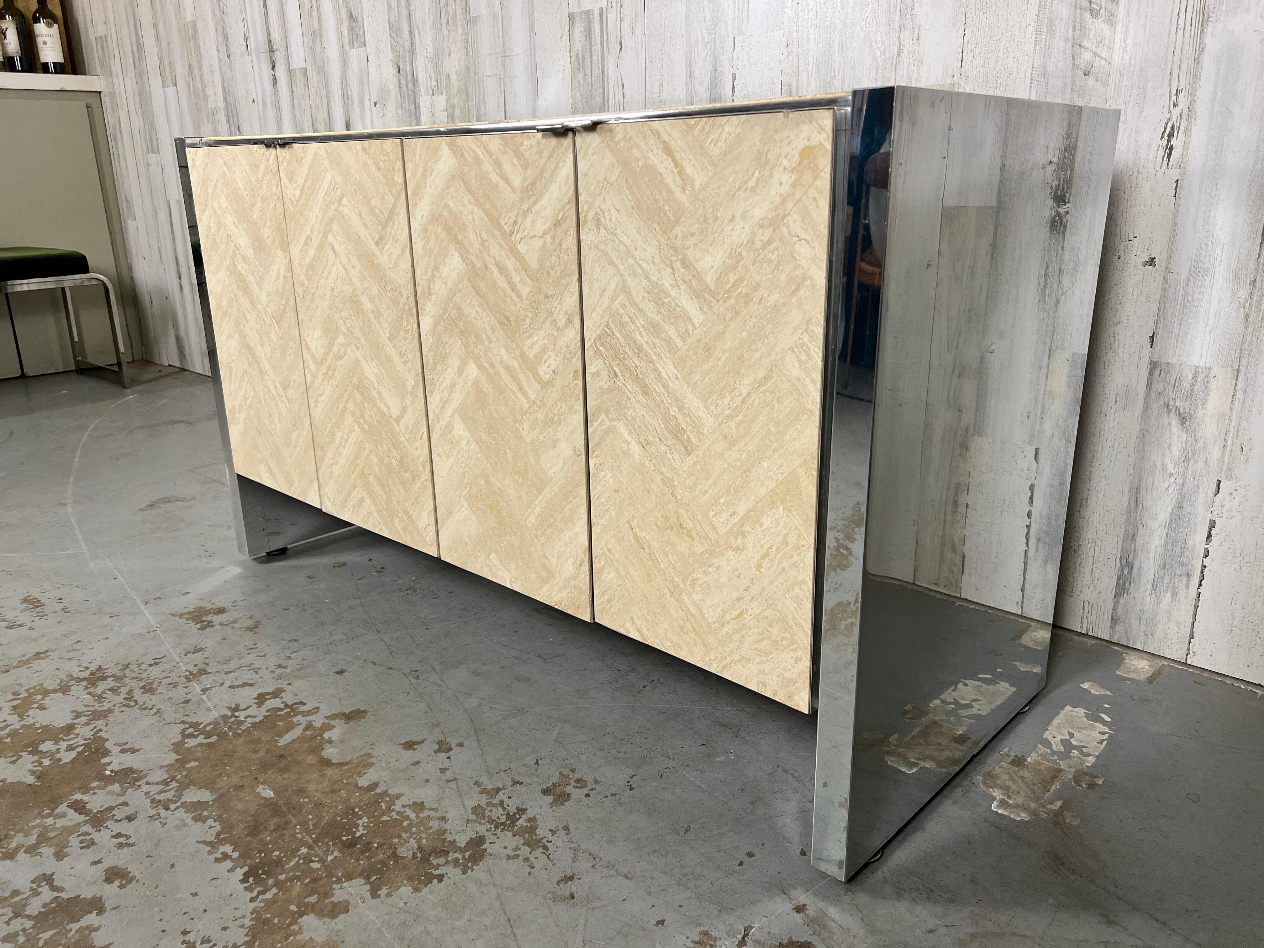 Modern Ello Herringbone Travertine & Chrome Credenza For Sale