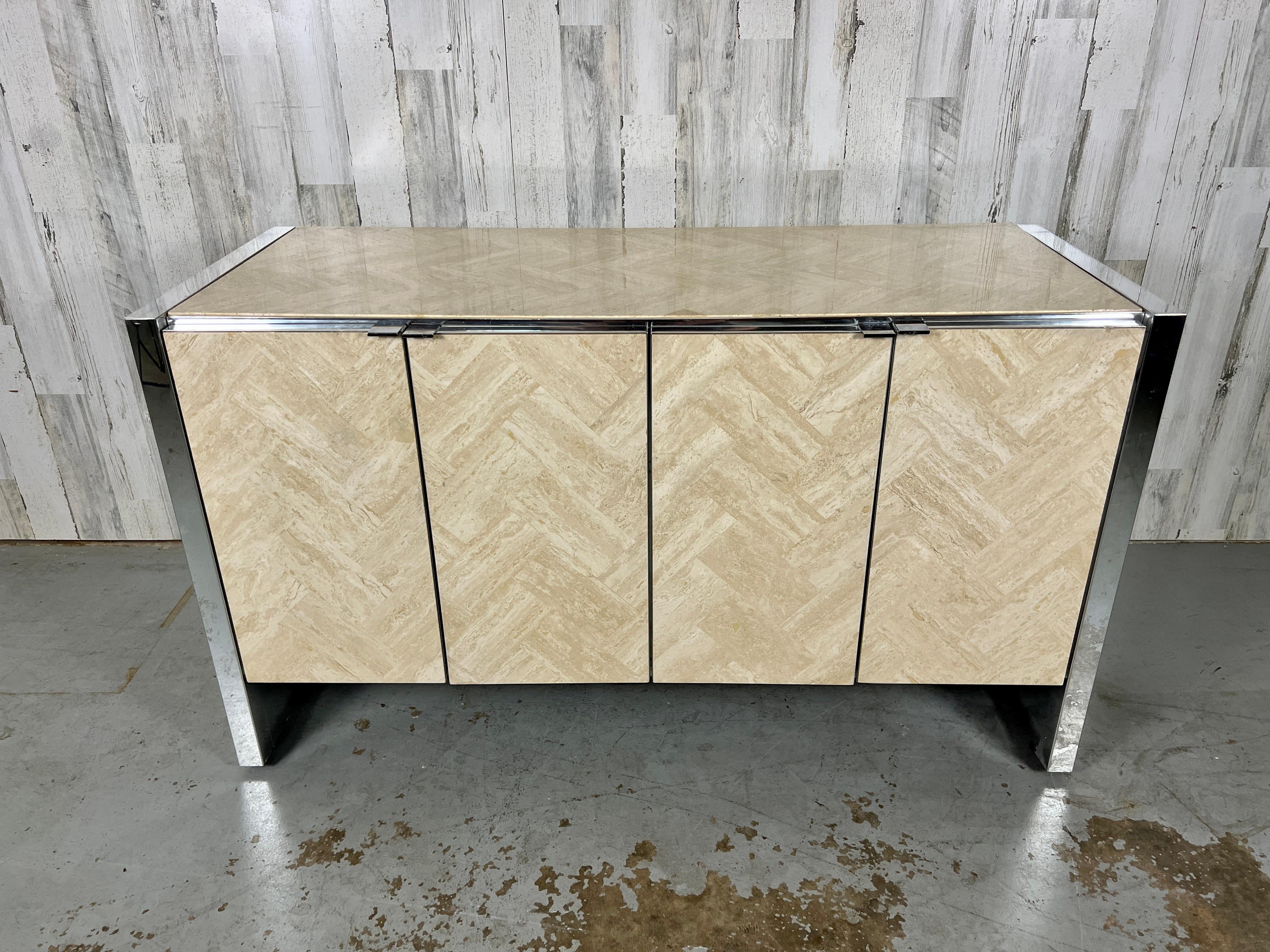 Ello Herringbone Travertine & Chrome Credenza In Good Condition For Sale In Denton, TX