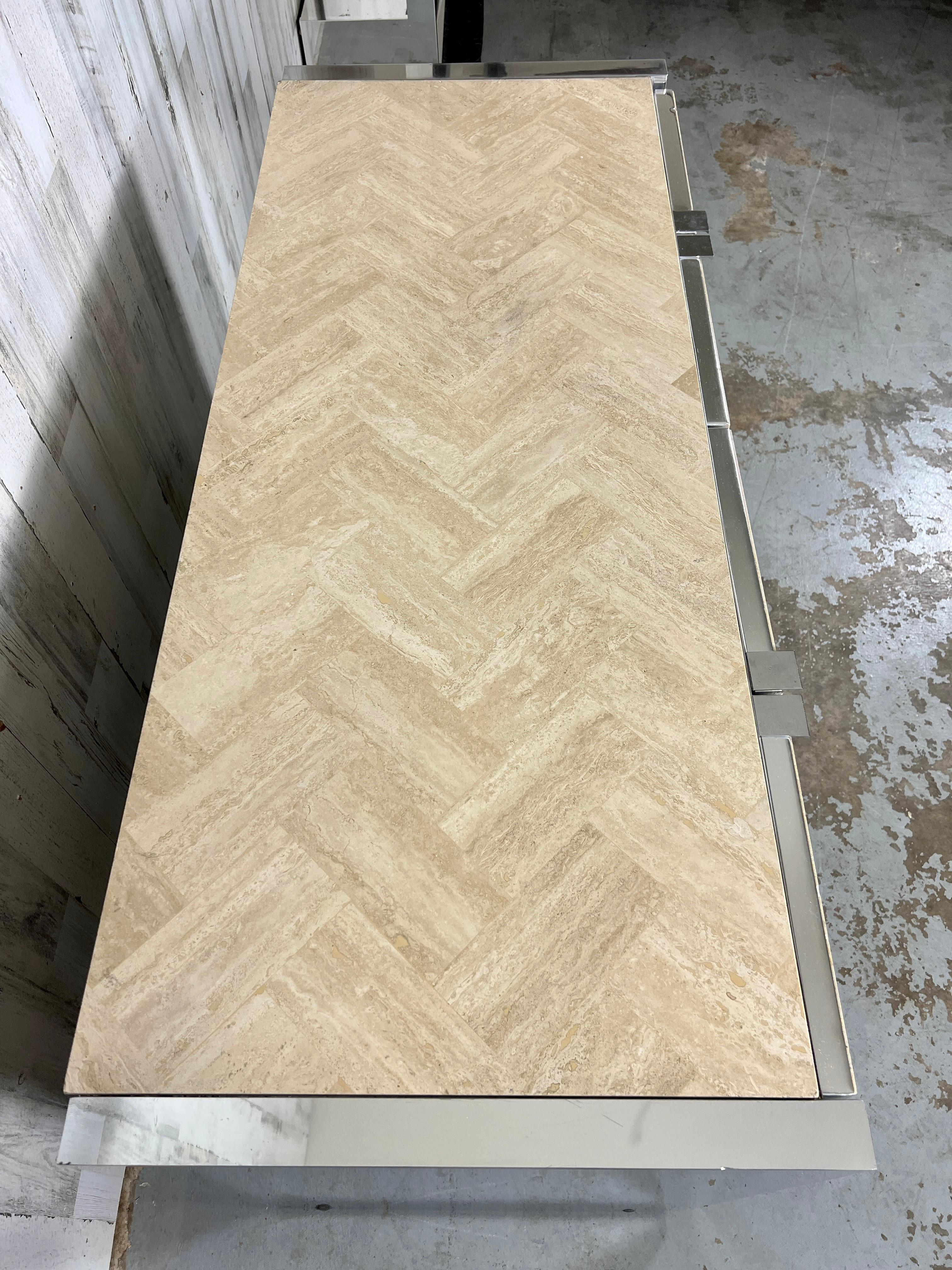 Ello Herringbone Travertine & Chrome Credenza For Sale 2