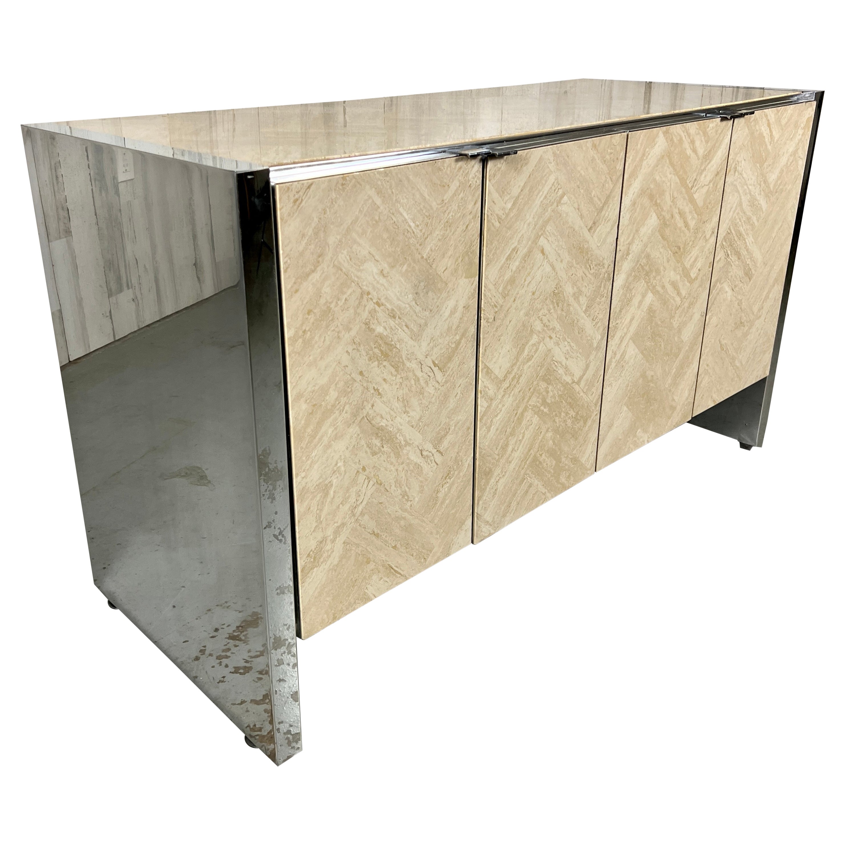 Ello Herringbone Travertine & Chrome Credenza