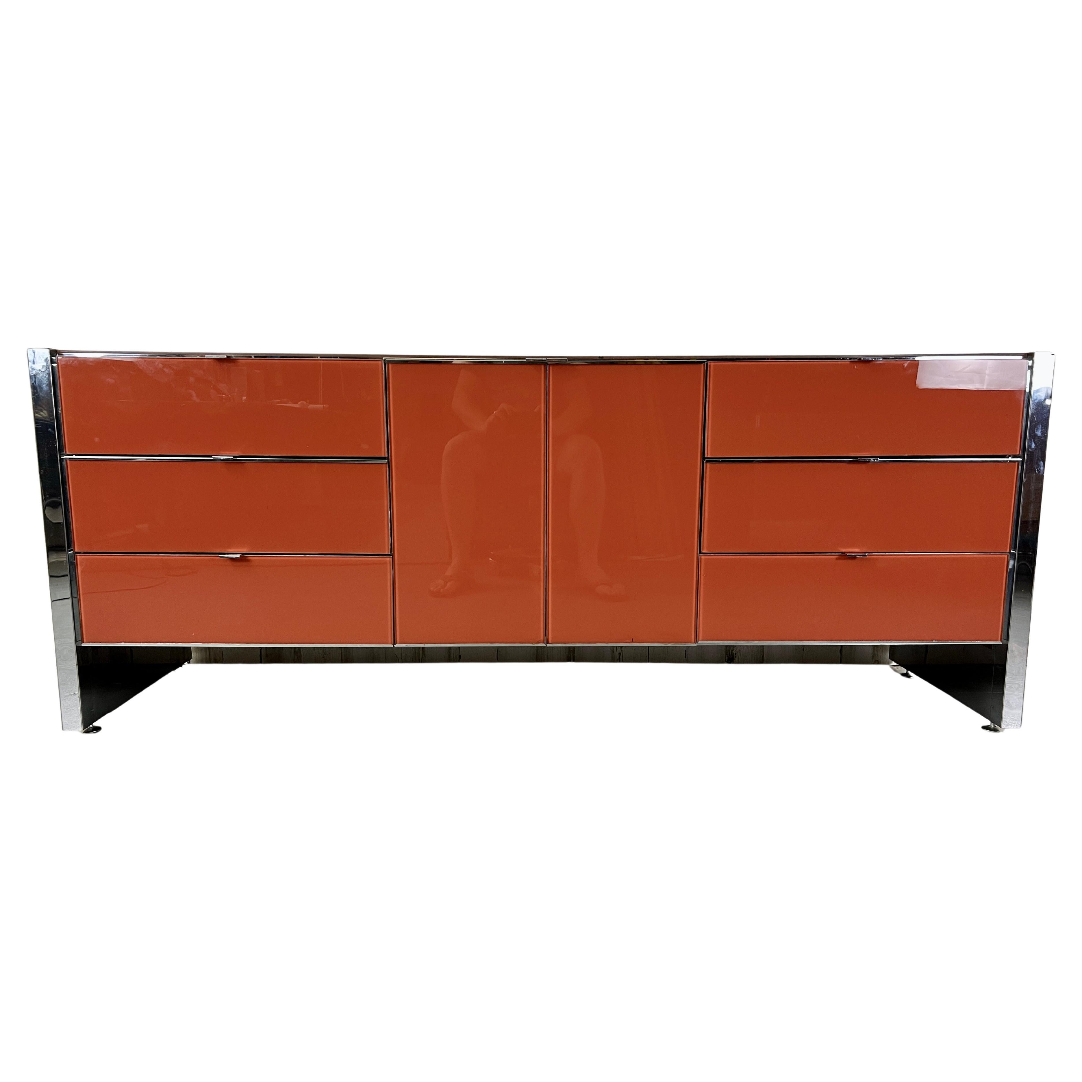 Modern Ello Lacquered Glass and Chrome Credenza