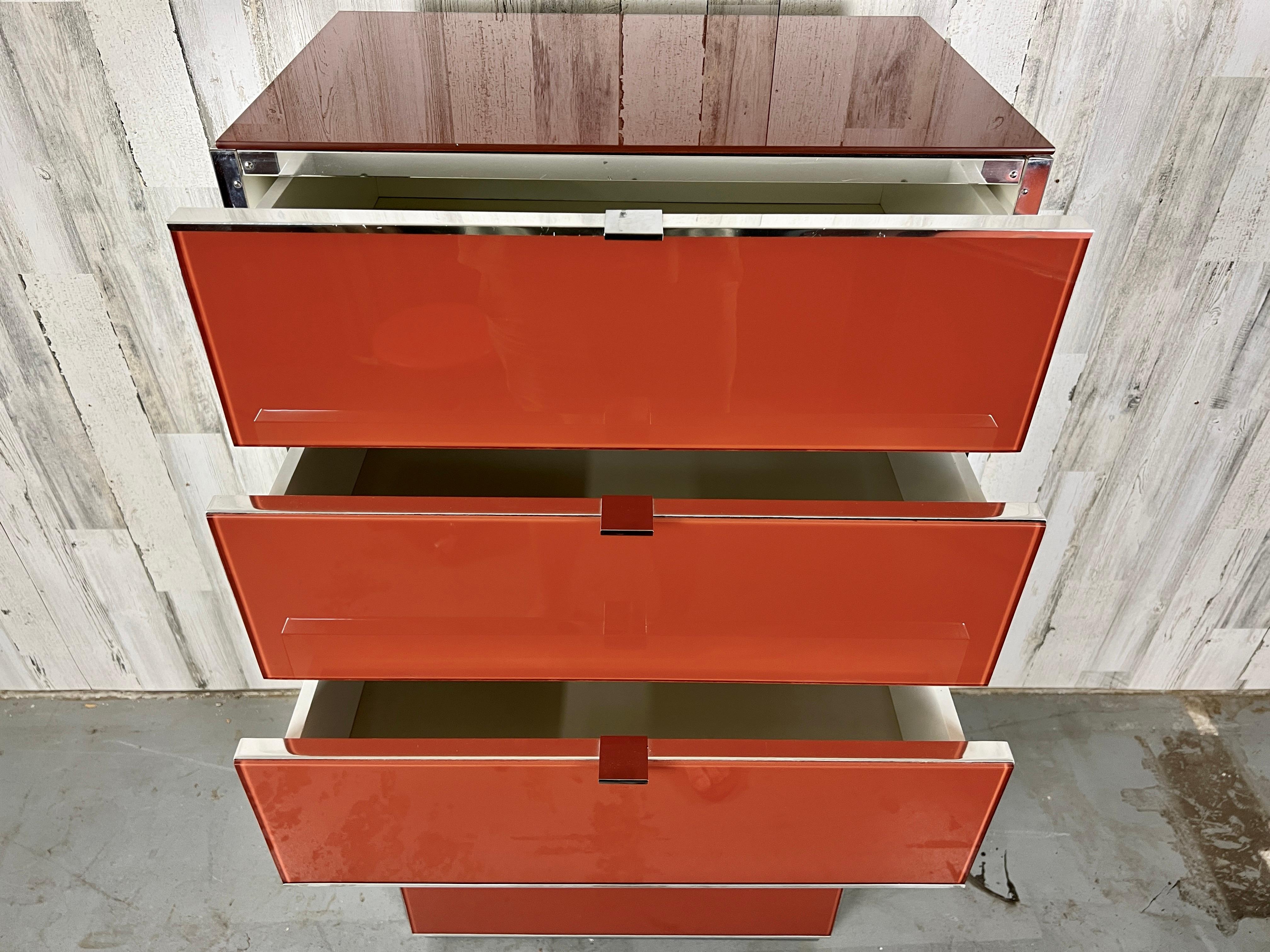 Ello Lacquered Glass and Chrome High Boy Dresser 4