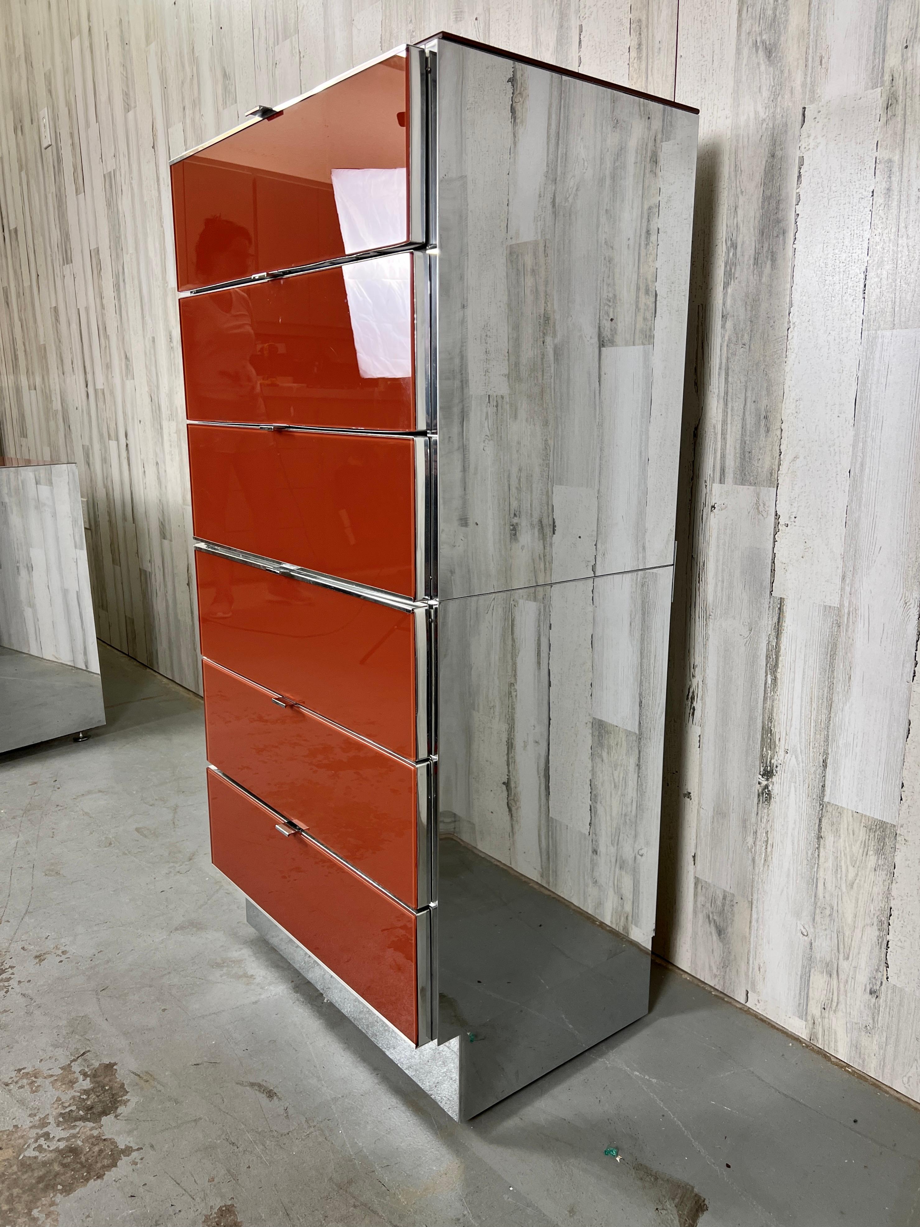 Modern Ello Lacquered Glass and Chrome High Boy Dresser For Sale