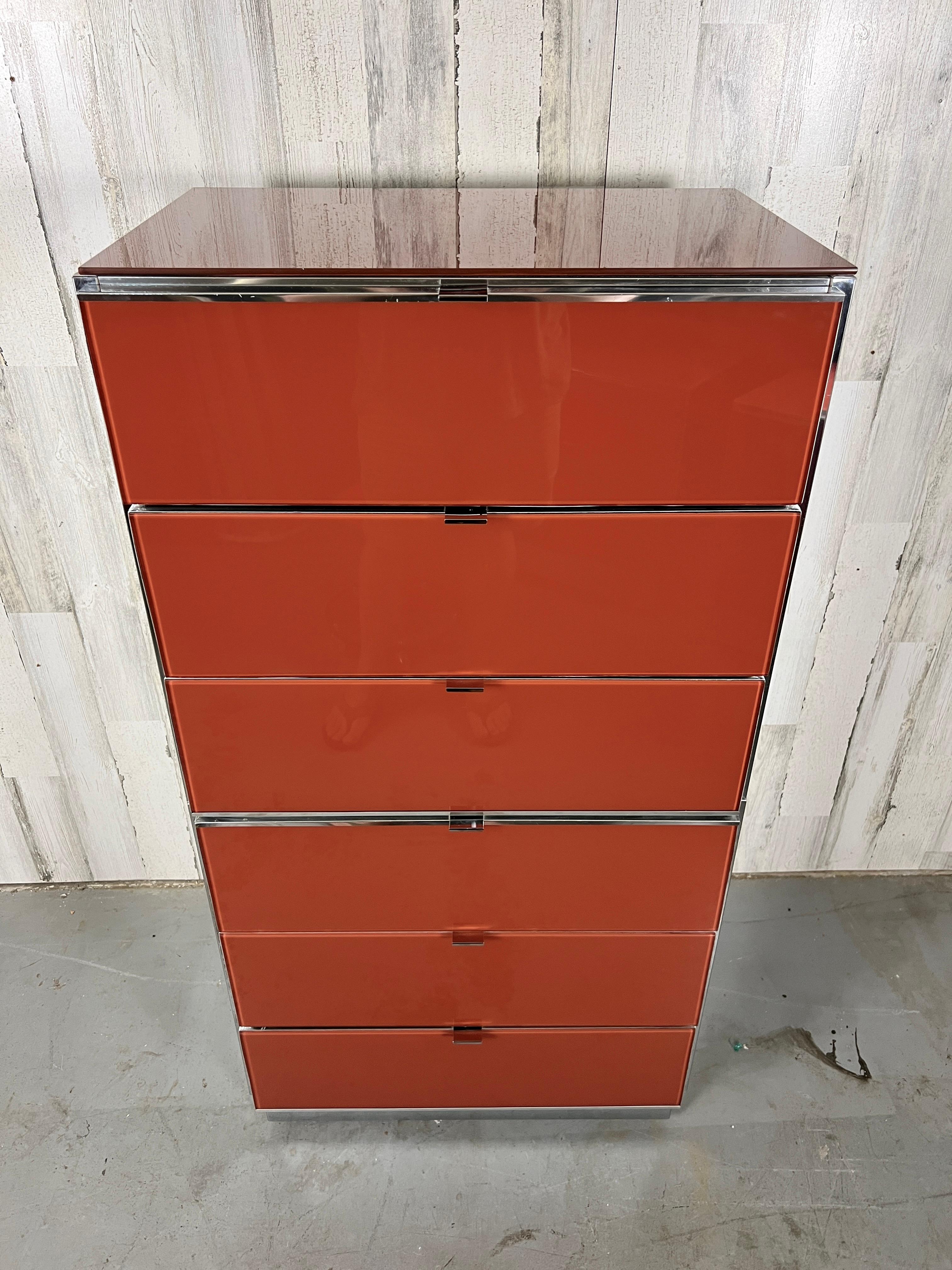 20th Century Ello Lacquered Glass and Chrome High Boy Dresser For Sale