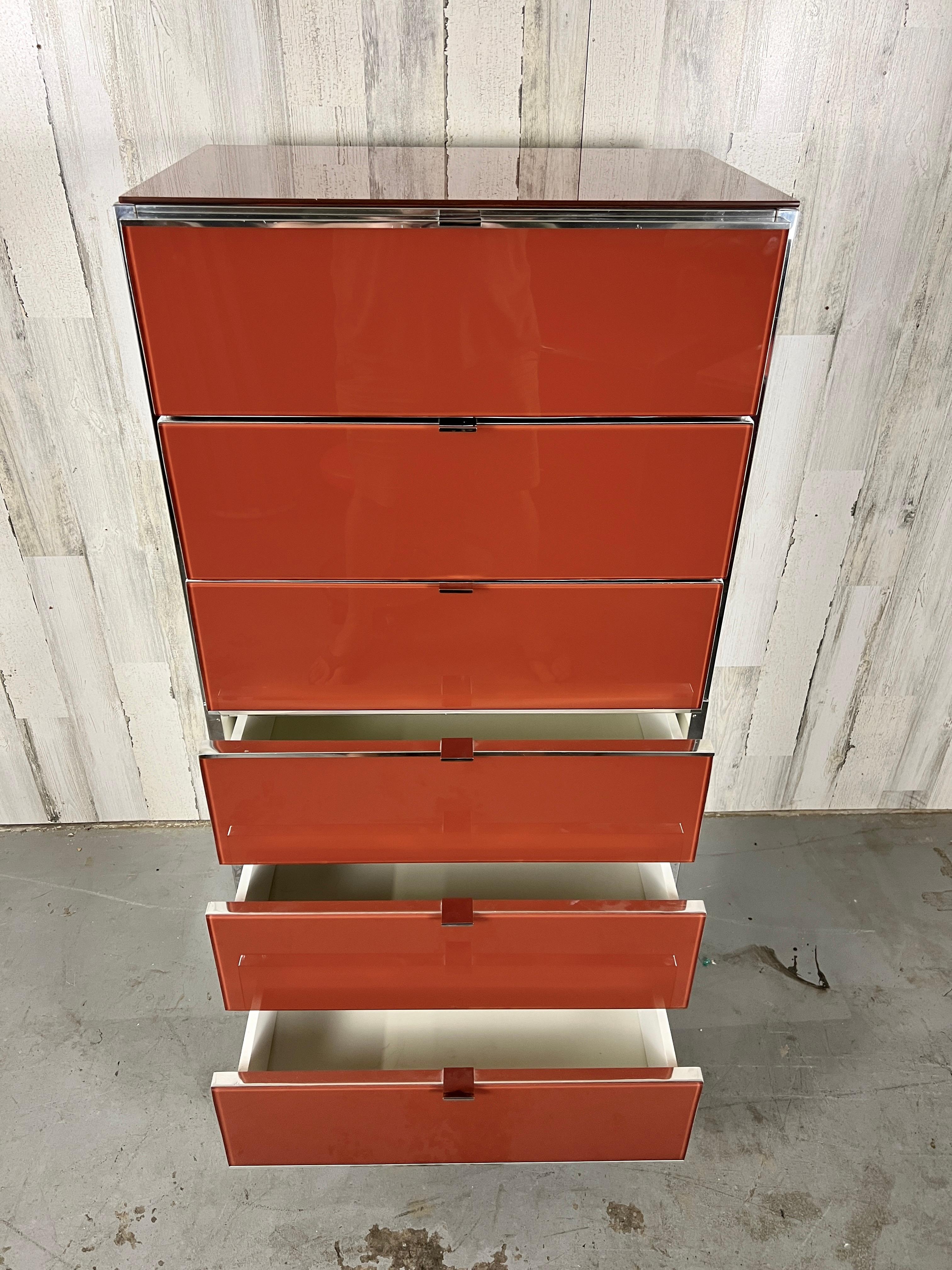 Ello Lacquered Glass and Chrome High Boy Dresser For Sale 2