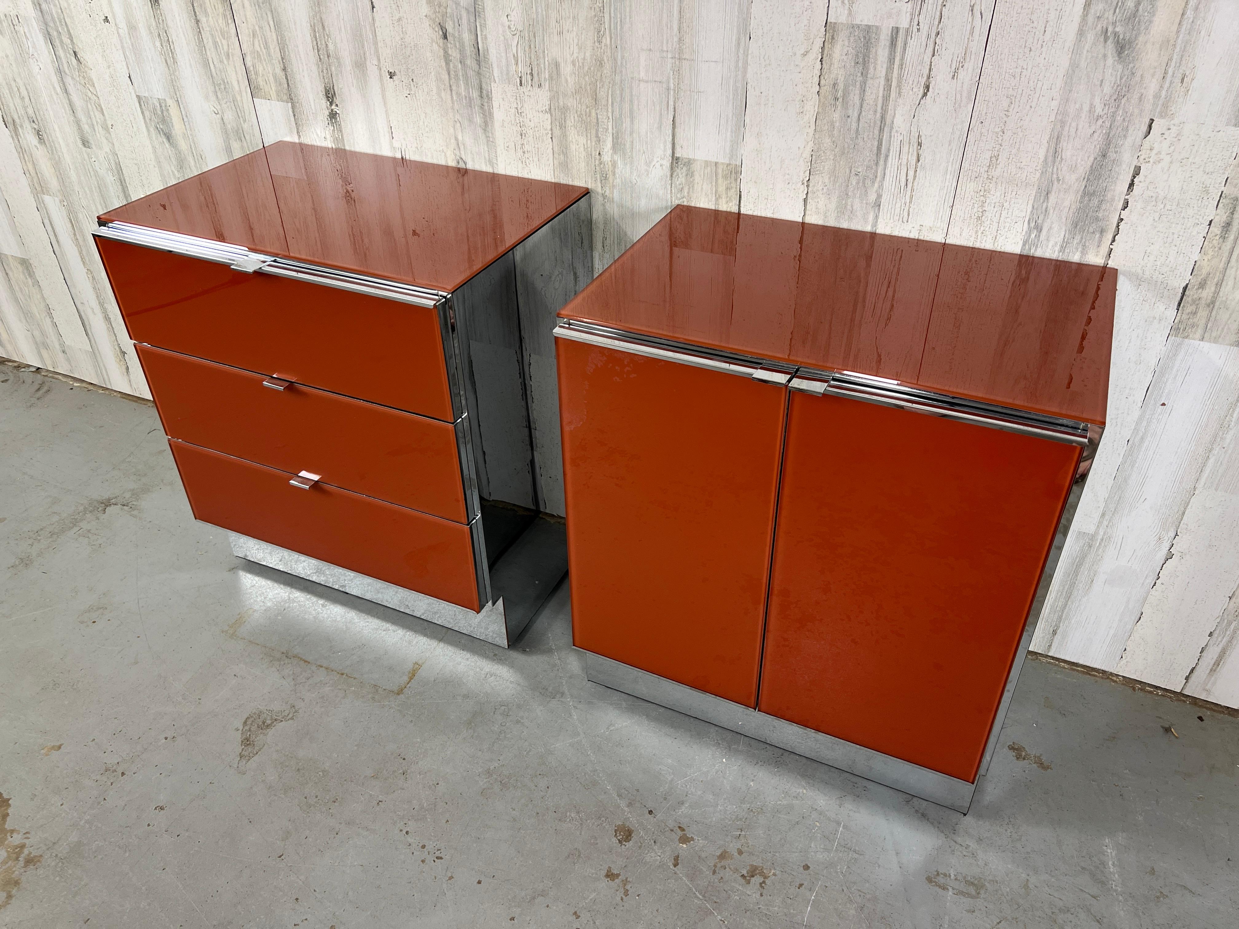 20th Century Ello Lacquered Glass and Chrome Nightstands