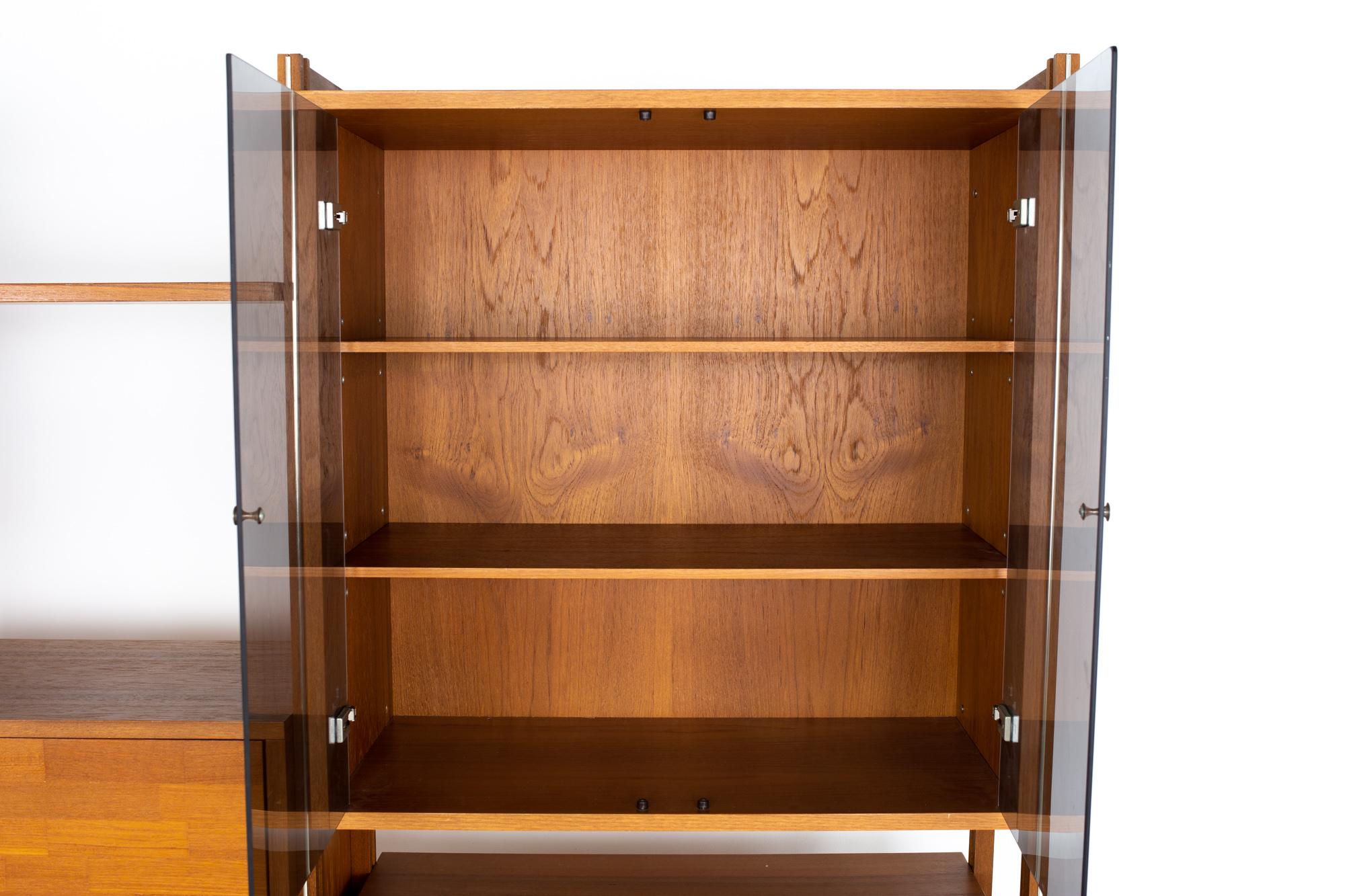 Ello Mid Century Teak Chrome and Smoked Glass 4 Bay Freestanding Wall Unit 2