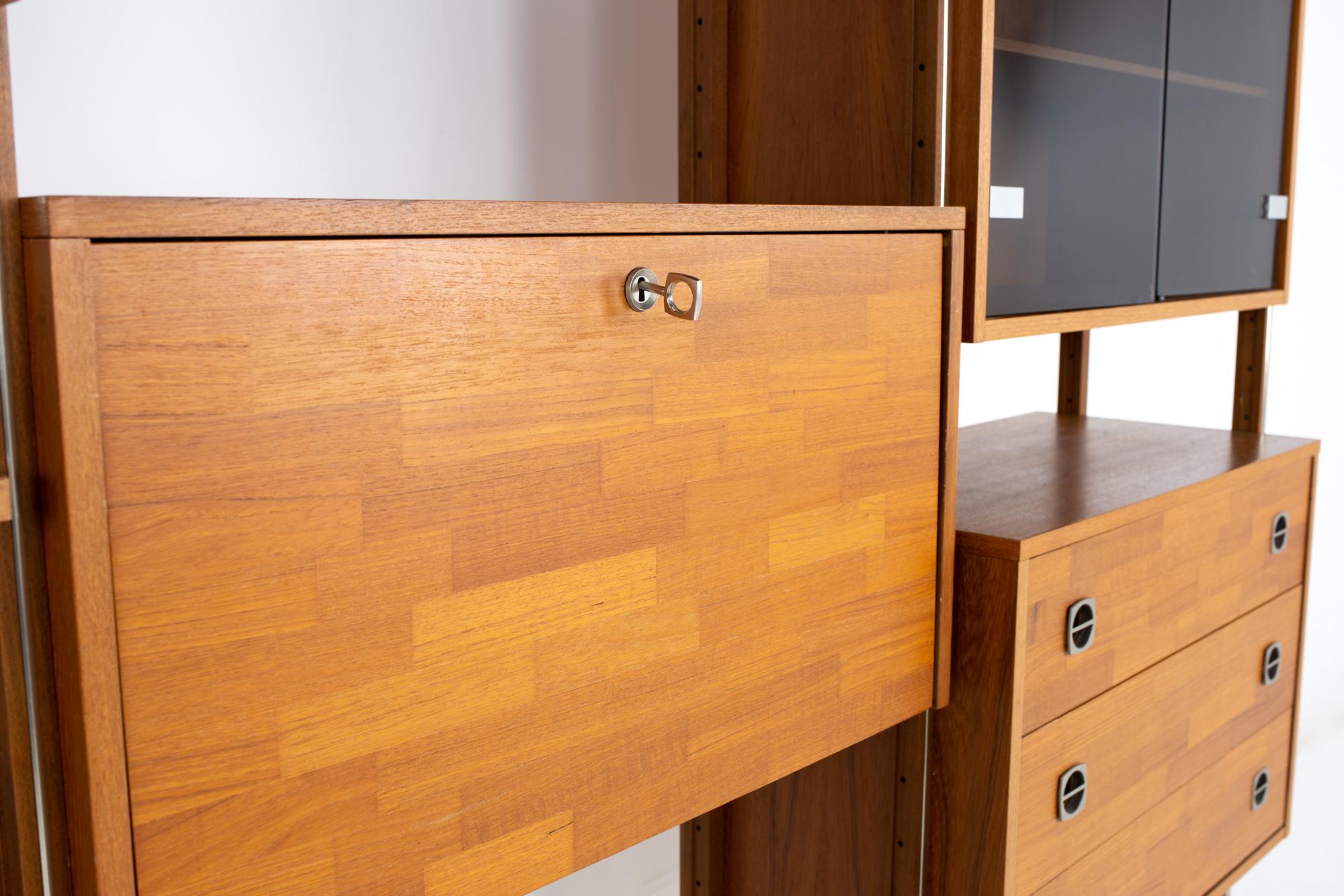 Ello Mid Century Teak Chrome and Smoked Glass 4 Bay Freestanding Wall Unit 4