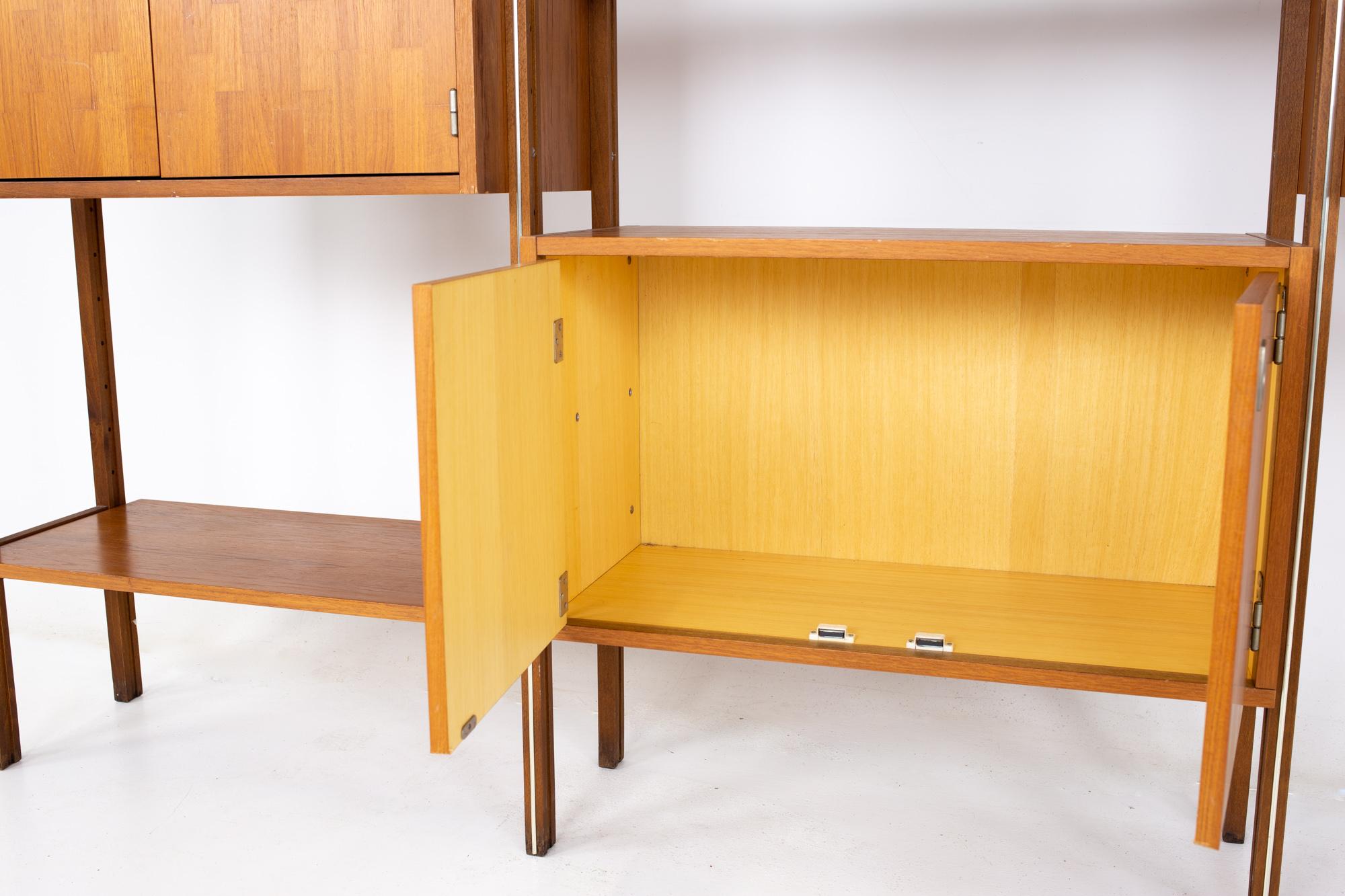 Ello Mid Century Teak Chrome and Smoked Glass 4 Bay Freestanding Wall Unit 8