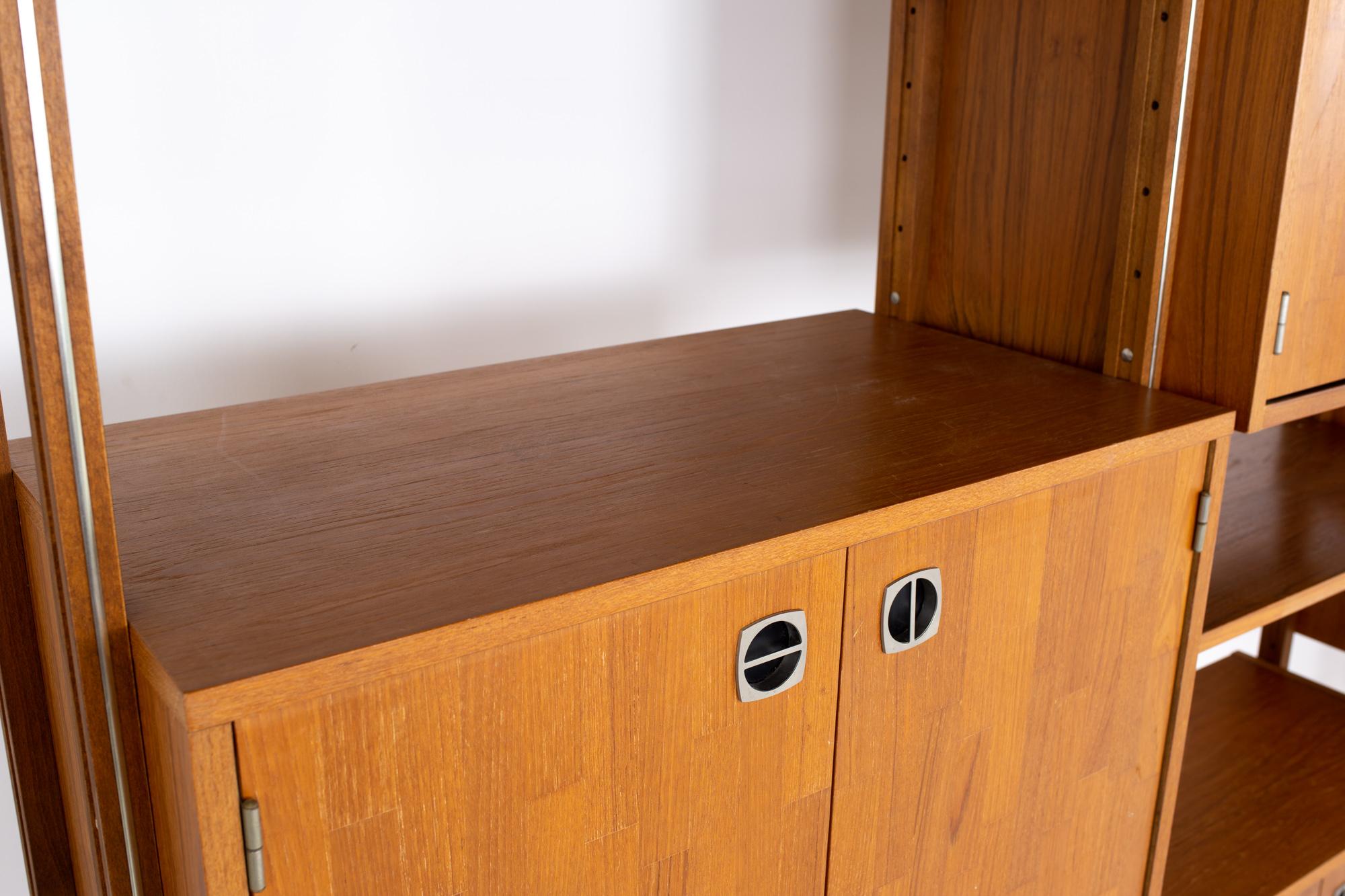 American Ello Mid Century Teak Chrome and Smoked Glass 4 Bay Freestanding Wall Unit