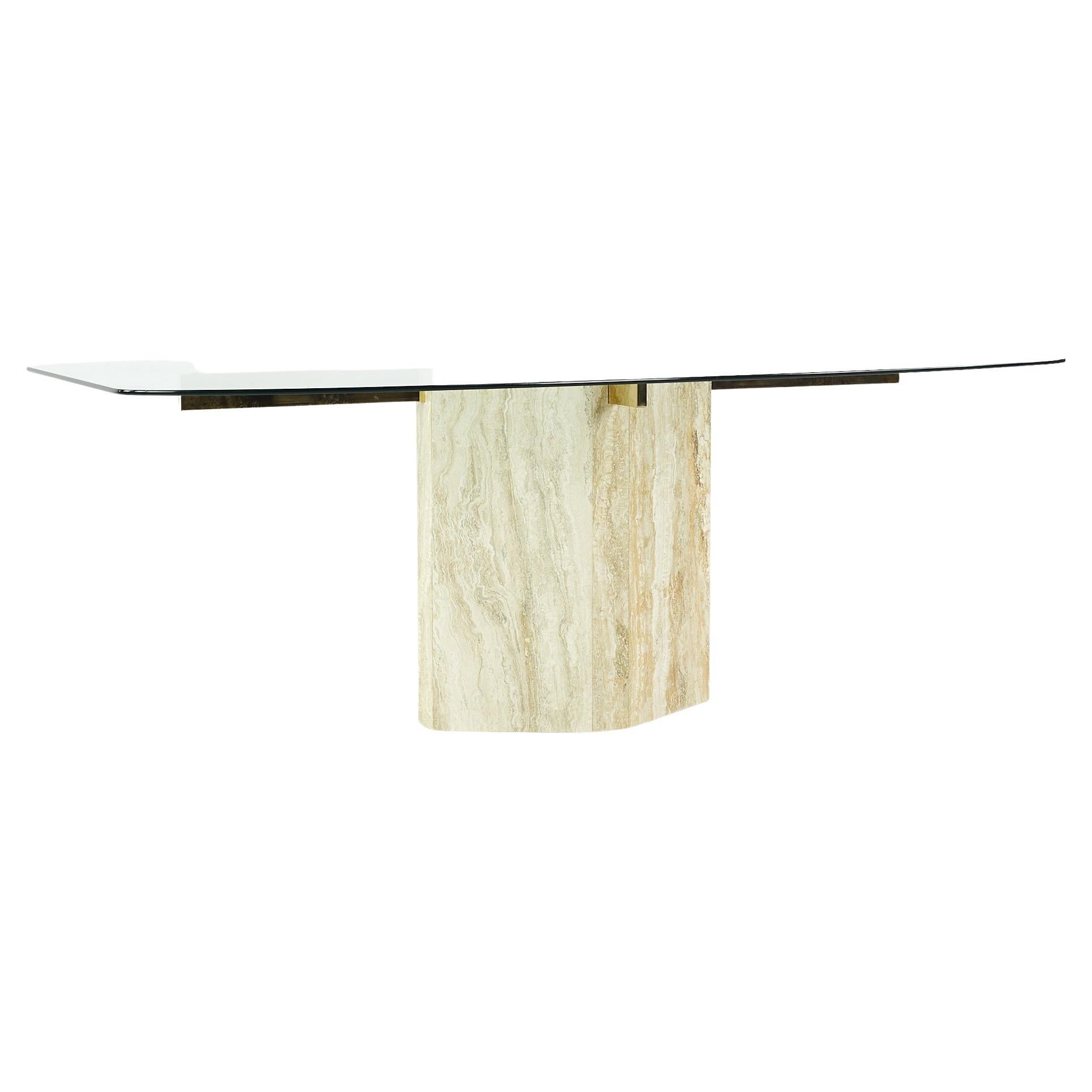 Ello Mid Century Travertine, Glass, and Brass Pedestal Dining Table